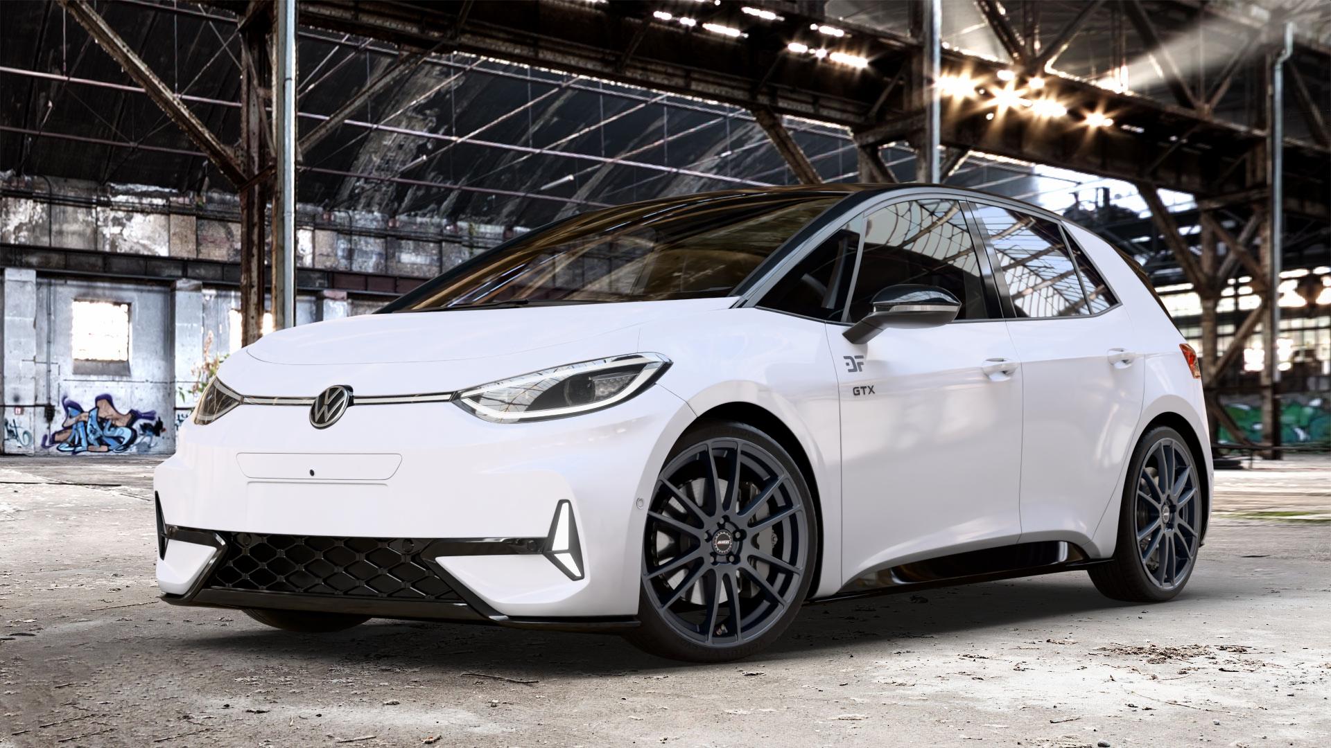 ALUTEC Monstr racing-schwarz Felge mit Reifen in 21Zoll Winterfelge Alufelge auf weissem Volkswagen (VW) ID.3 GTX 0,0l 89kW (210 KW) (121 PS) Performance (240 ⬇️ mit 15mm Tieferlegung ⬇️ Old Industrial Hall_max_4400mm_2024 Frontansicht_1