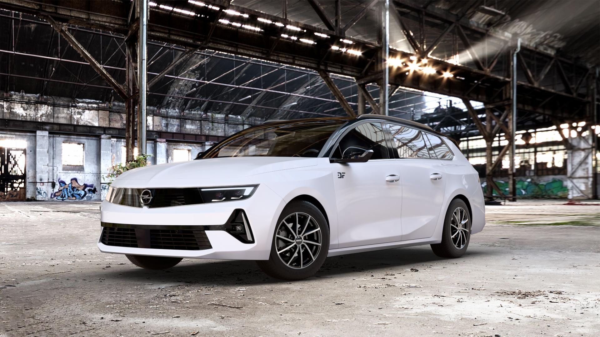 ALUTEC Singa diamant-schwarz frontpoliert Felge mit Reifen silber mehrfarbig in 15Zoll Winterfelge Alufelge auf weissem Opel Astra L Sports Tourer Typ F Facelift ⬇️ mit 15mm Tieferlegung ⬇️ Old Industrial Hall_max_5300mm_2024 Frontansicht_1