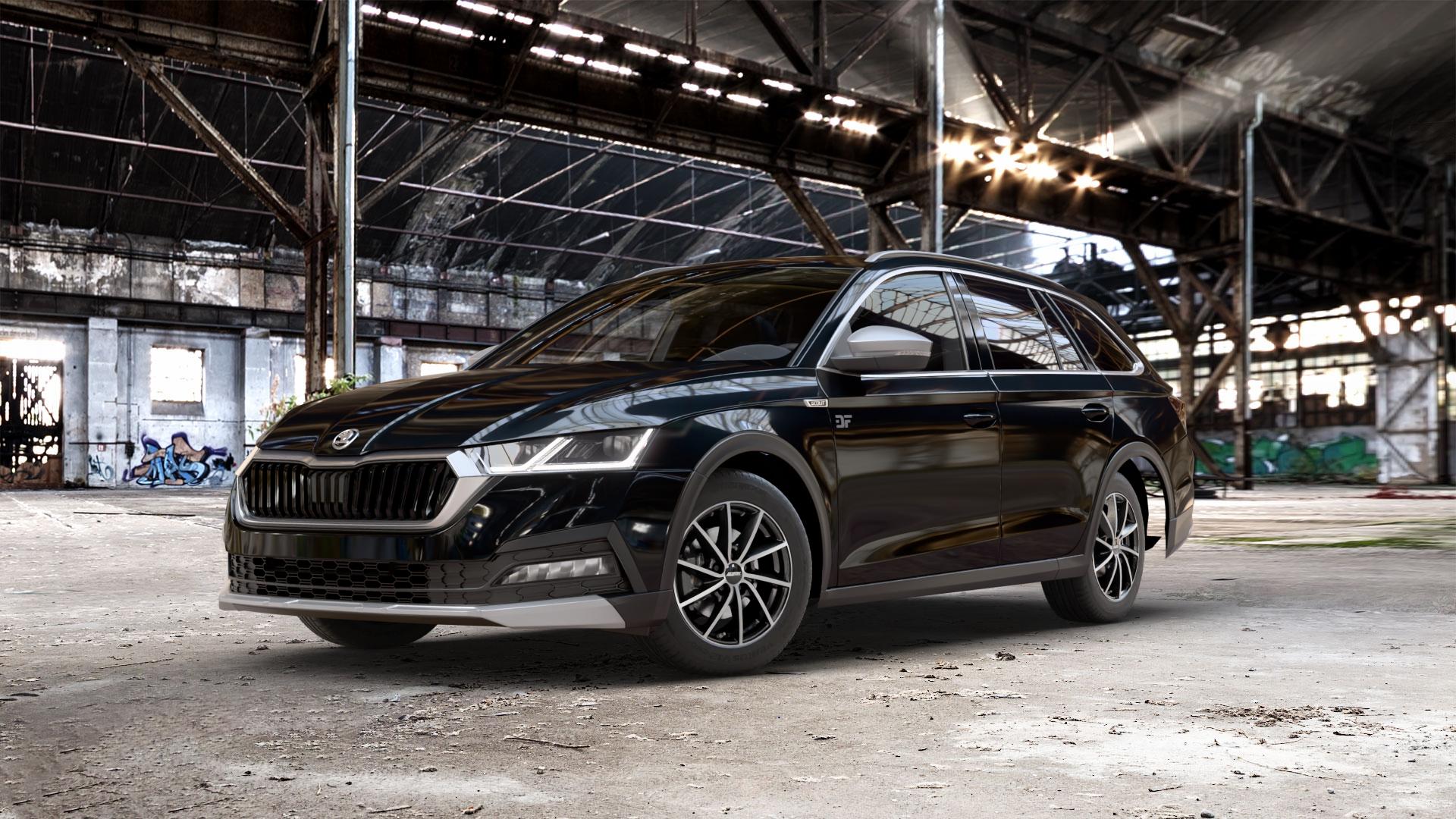 ALUTEC Singa diamant-schwarz frontpoliert Felge mit Reifen silber mehrfarbig in 16Zoll Winterfelge Alufelge auf schwarzem metallic Skoda Octavia IV Scout Typ NX ⬇️ mit 15mm Tieferlegung ⬇️ Old Industrial Hall_max_5300mm_2024 Frontansicht_1