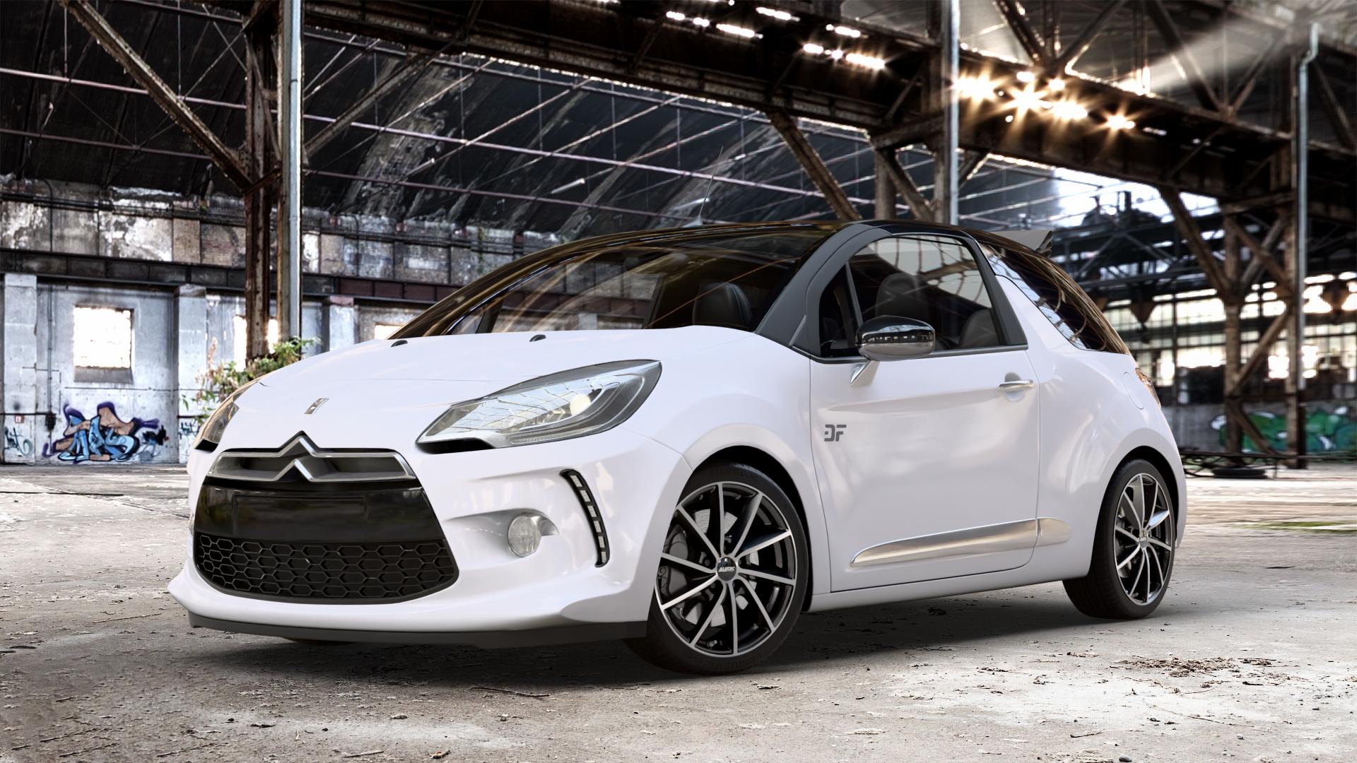 ALUTEC Singa diamant-schwarz frontpoliert Felge mit Reifen silber mehrfarbig in 17Zoll Winterfelge Alufelge auf weissem Citroen DS3 Cabrio Facelift ⬇️ mit 15mm Tieferlegung ⬇️ Old Industrial Hall_max_4400mm_2024 Frontansicht_1