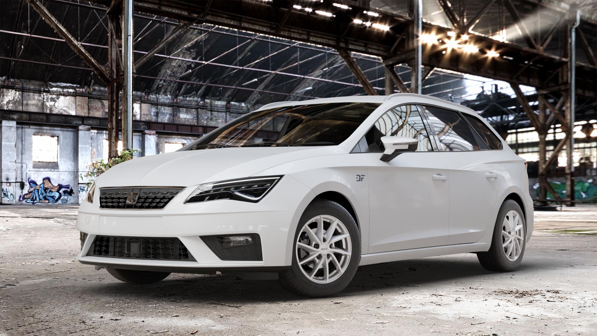 ALUTEC Singa polar-silber Felge mit Reifen in 15Zoll Winterfelge Alufelge auf weissem Seat Leon Typ 5F ST Facelift ⬇️ mit 15mm Tieferlegung ⬇️ Old Industrial Hall_max_4400mm_2024 Frontansicht_1