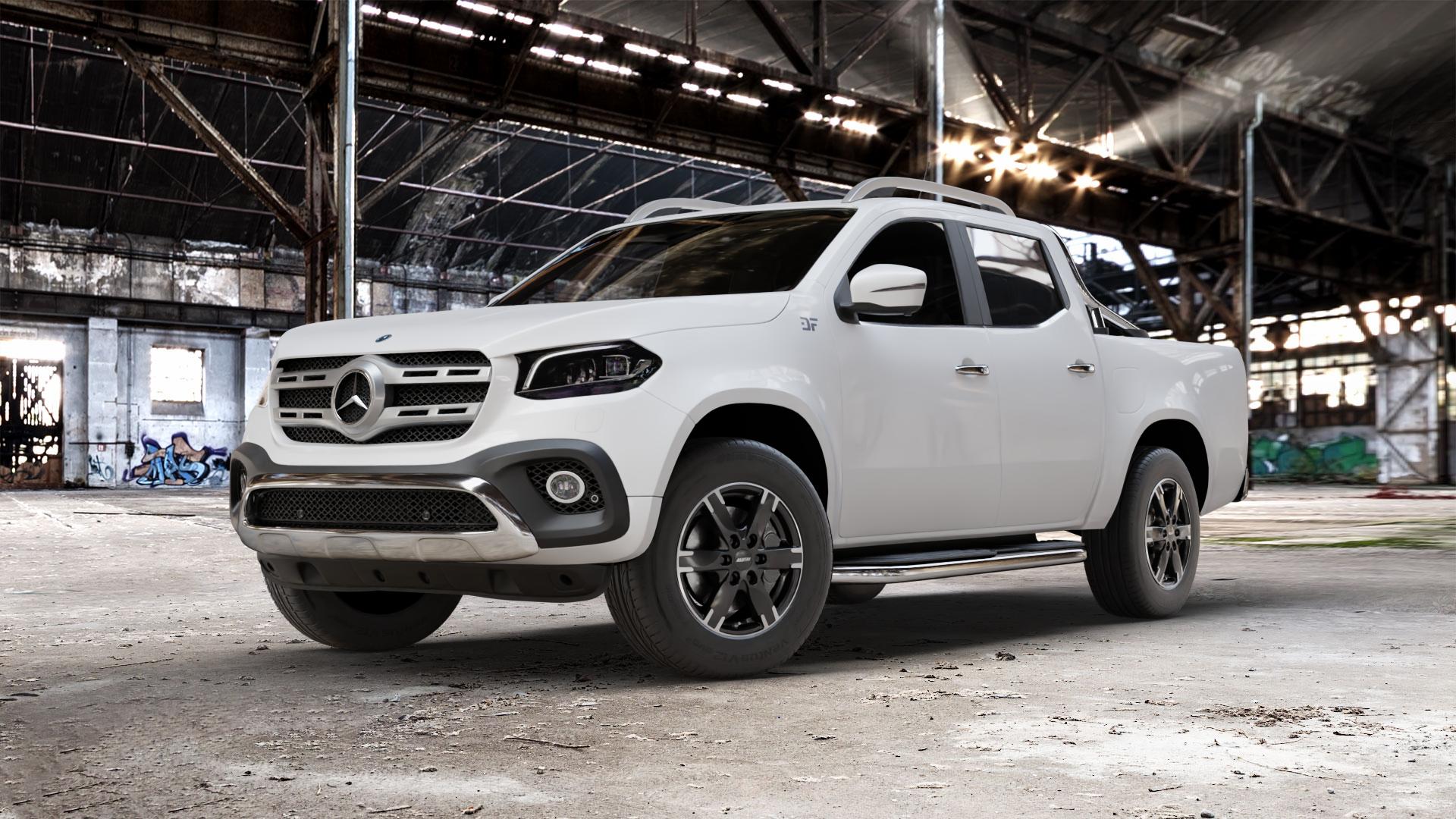 ALUTEC Titan diamant-schwarz frontpoliert Felge mit Reifen silber in 17Zoll Winterfelge Alufelge auf weissem Mercedes X-Klasse ⬇️ mit 15mm Tieferlegung ⬇️ Old Industrial Hall_max_5300mm_2024 Frontansicht_1