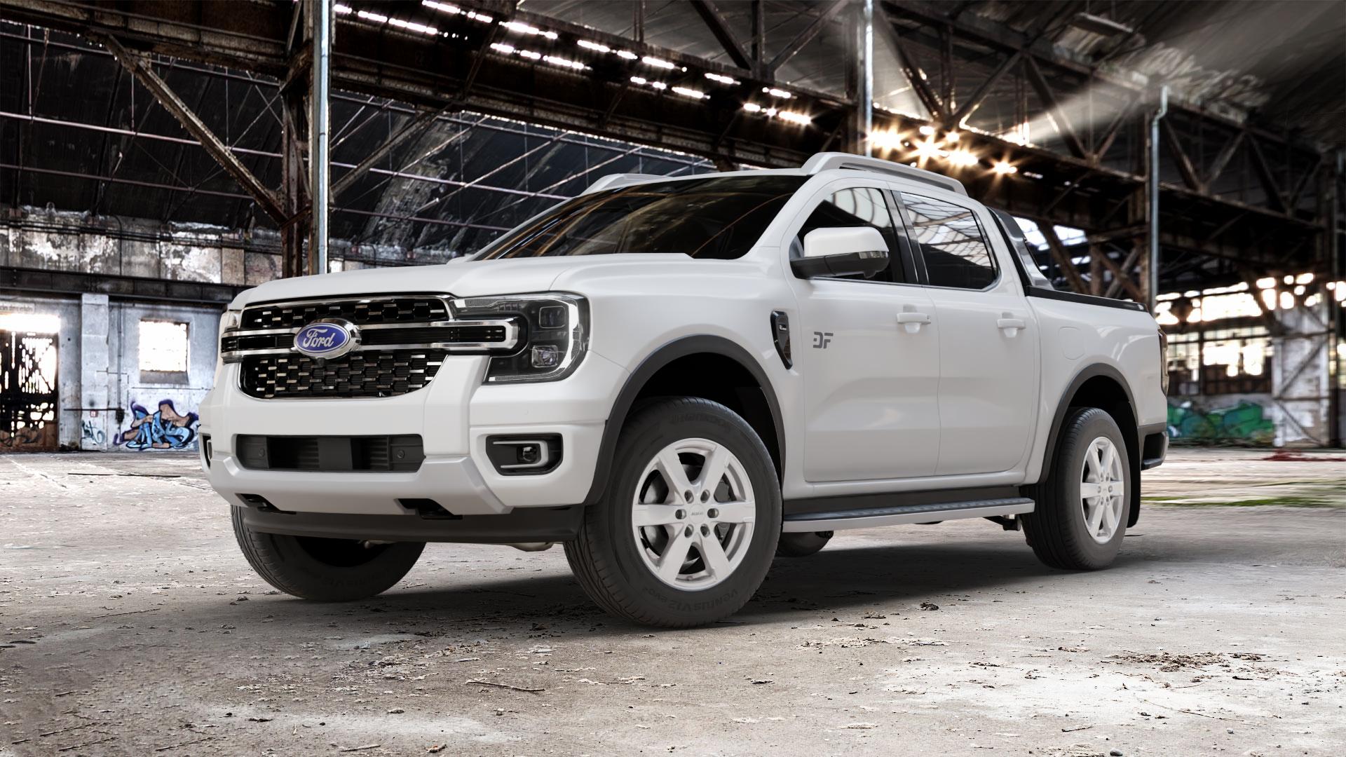 ALUTEC Titan polar-silber Felge mit Reifen in 18Zoll Winterfelge Alufelge auf weissem Ford Ranger VII Typ 2AB ⬇️ mit 15mm Tieferlegung ⬇️ Old Industrial Hall_max_5300mm_2024 Frontansicht_1