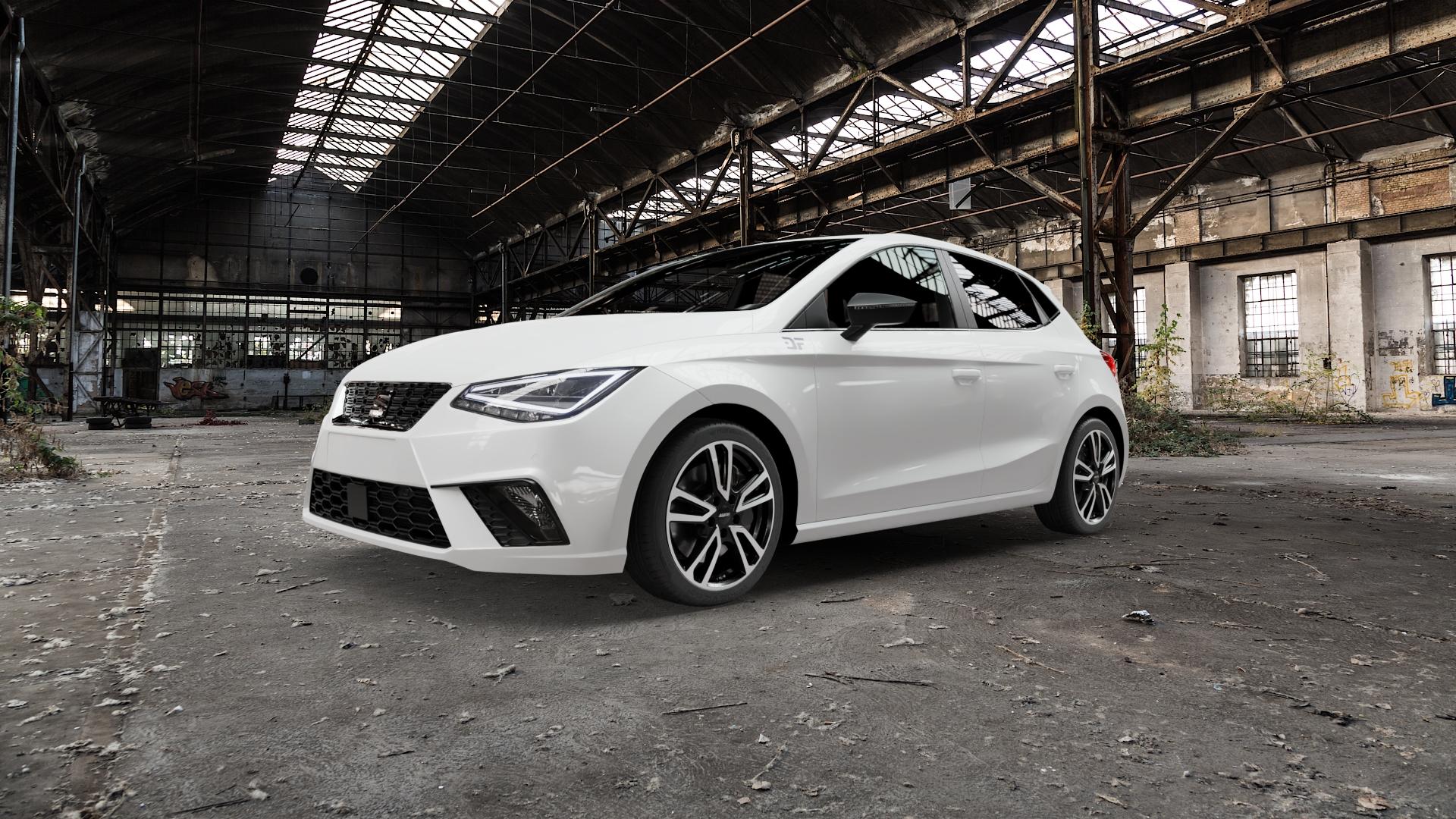 ALUTEC Tormenta diamant-schwarz frontpoliert Felge mit Reifen silber mehrfarbig in 17Zoll Winterfelge Alufelge auf weissem Seat Ibiza V Typ KJ ⬇️ mit 15mm Tieferlegung ⬇️ Old Industrial Hall_max5000mm_2022 Frontansicht_1