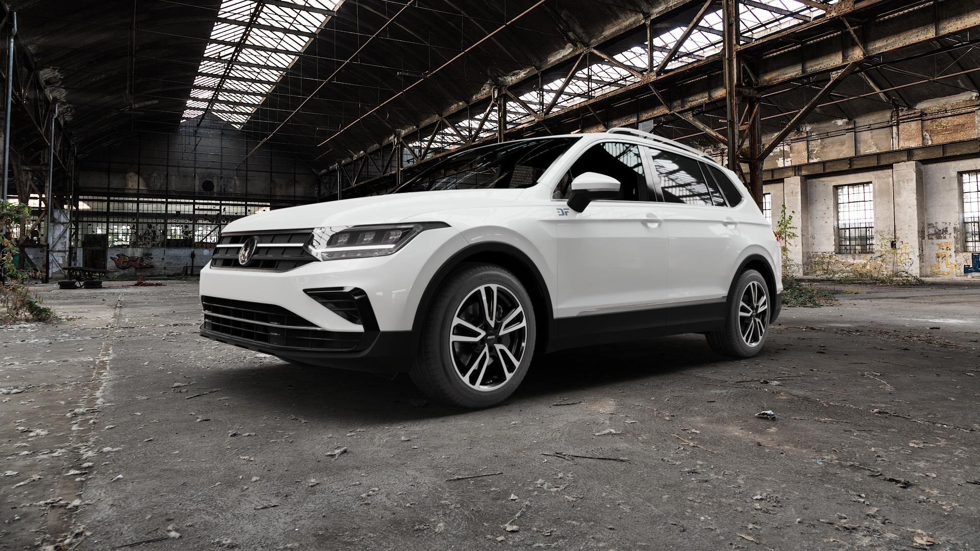 ALUTEC Tormenta diamant-schwarz frontpoliert Felge mit Reifen silber mehrfarbig in 18Zoll Winterfelge Alufelge auf weissem Volkswagen (VW) Tiguan II Typ 5N Allspace Facelift ⬇️ mit 15mm Tieferlegung ⬇️ Old Industrial Hall_max5000mm_2022 Frontansicht_1
