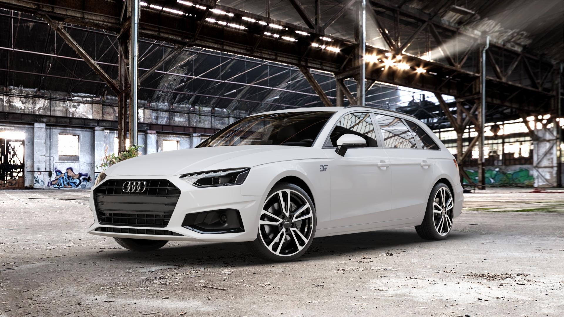 ALUTEC Tormenta diamant-schwarz frontpoliert Felge mit Reifen silber mehrfarbig in 19Zoll Winterfelge Alufelge auf weissem Audi A4 Typ B9 (Avant) Facelift ⬇️ mit 15mm Tieferlegung ⬇️ Old Industrial Hall_max_5300mm_2024 Frontansicht_1