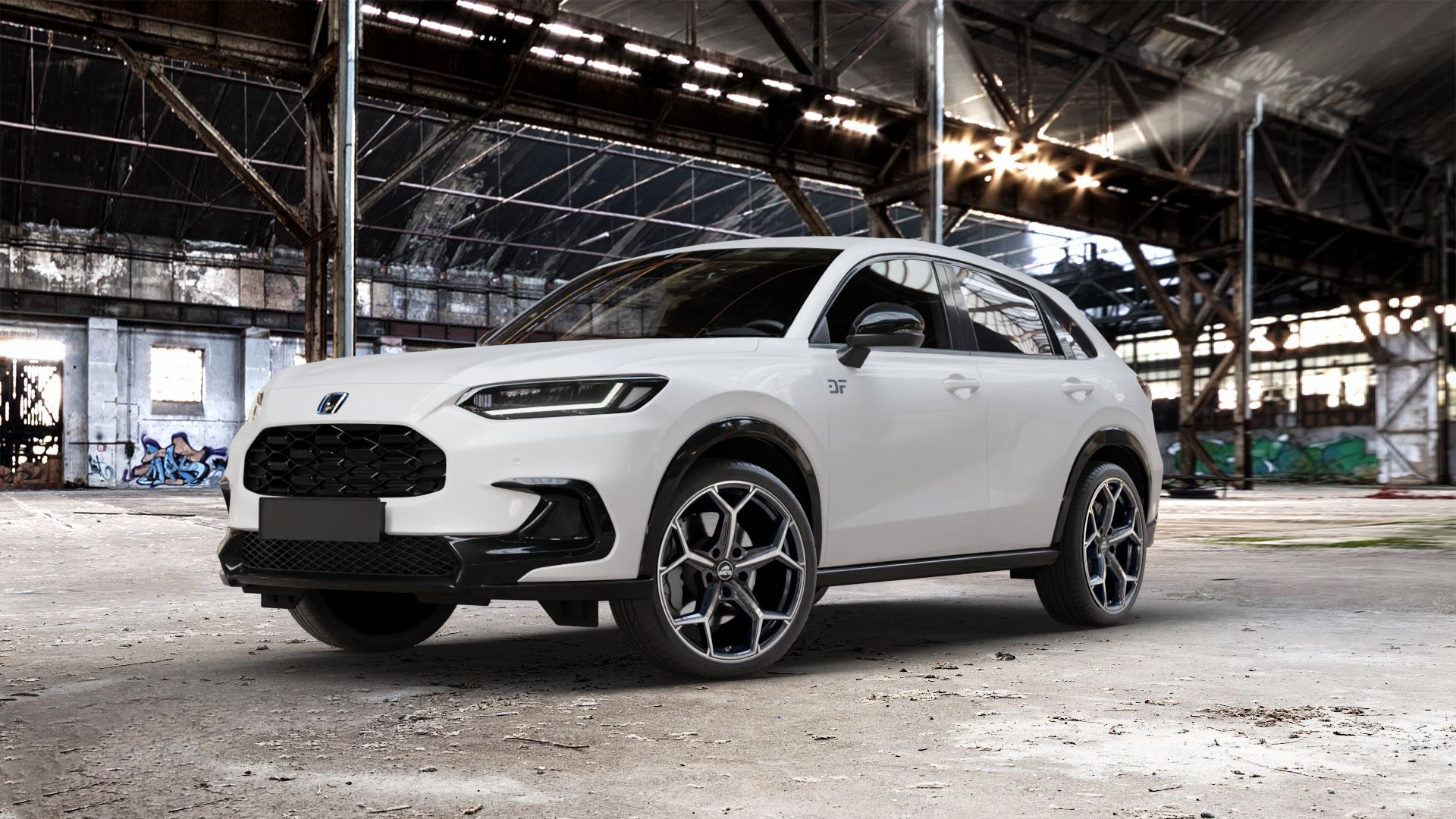 Antera A101 Piano Black Diamond Felge mit Reifen schwarz in 20Zoll Winterfelge Alufelge auf weissem Honda ZR-V Typ RZ ⬇️ mit 15mm Tieferlegung ⬇️ Old Industrial Hall_max_5300mm_2024 Frontansicht_1