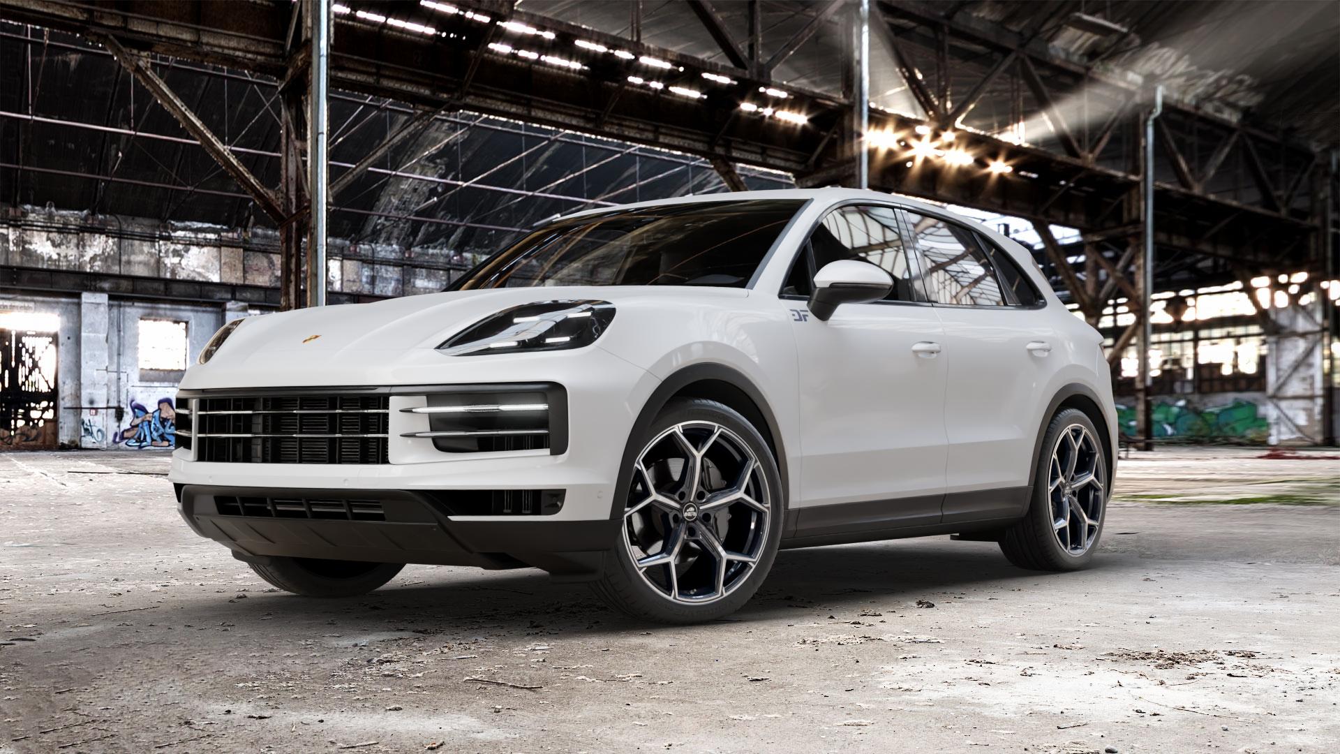 Antera A101 Piano Black Diamond Felge mit Reifen schwarz in 22Zoll Winterfelge Alufelge auf weissem Porsche Cayenne III Typ 9YA Facelift ⬇️ mit 15mm Tieferlegung ⬇️ Old Industrial Hall_max_5300mm_2024 Frontansicht_1
