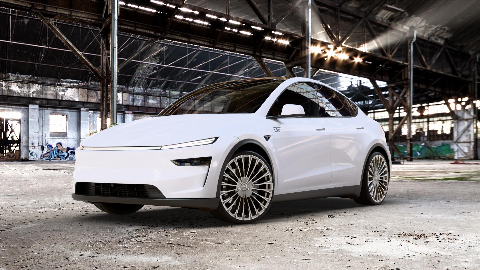 Antera A103 Moon Grey Diamond Felge mit Reifen grau in 22Zoll Winterfelge Alufelge auf weissem Tesla Model Y Typ 003 Juniper Facelift 003/005 ⬇️ mit 15mm Tieferlegung ⬇️ Old Industrial Hall_max_5300mm_2024 Frontansicht_1