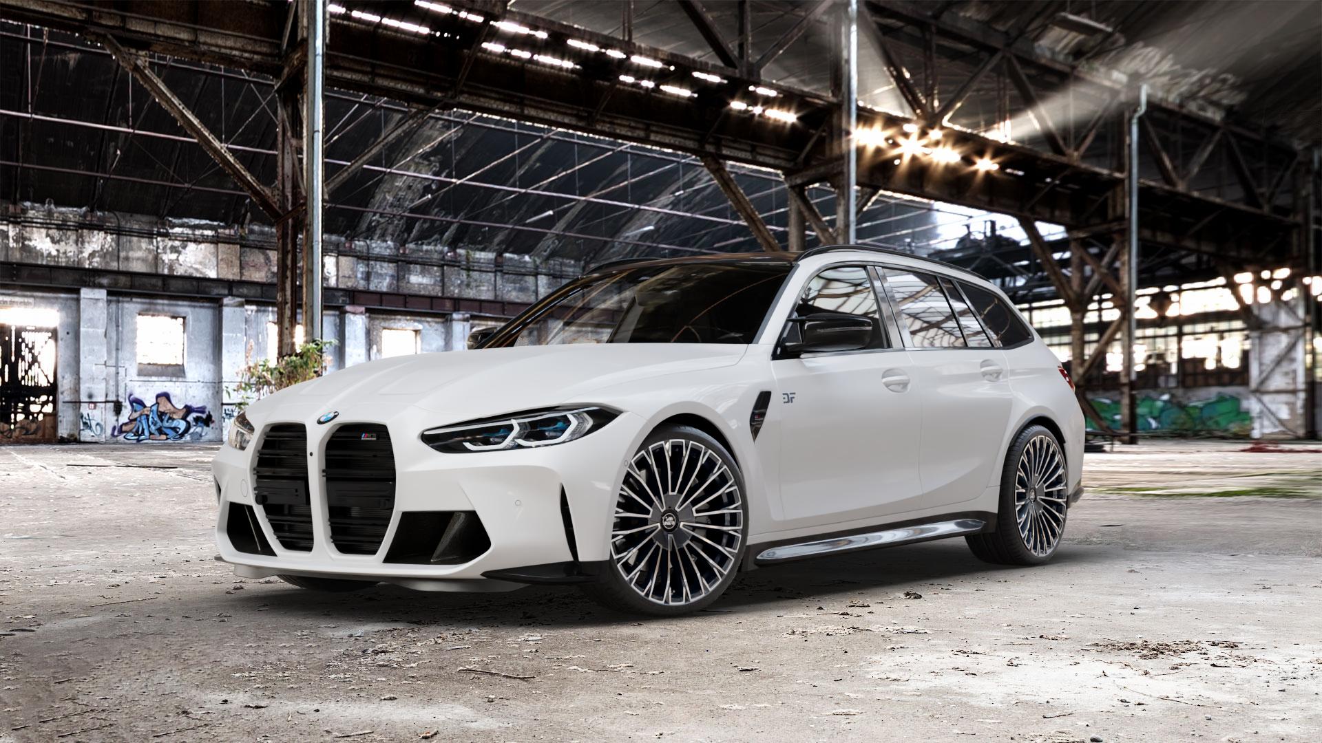 Antera A103 Piano Black Diamond Felge mit Reifen schwarz in 20Zoll Winterfelge Alufelge auf weissem BMW M3 Typ G81 (Touring) Facelift ⬇️ mit 15mm Tieferlegung ⬇️ Old Industrial Hall_max_5300mm_2024 Frontansicht_1