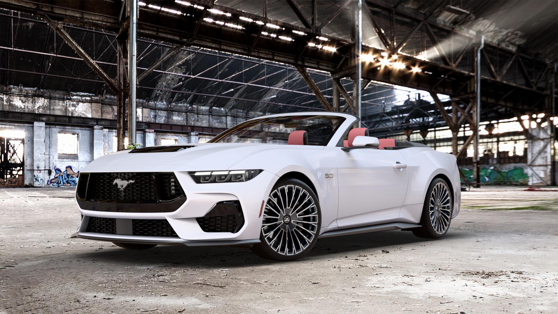 Antera A103 Piano Black Diamond Felge mit Reifen schwarz in 20Zoll Winterfelge Alufelge auf weißem Ford Mustang VII Cabrio Typ LAE ⬇️ mit 15mm Tieferlegung ⬇️ Old Industrial Hall_max_5300mm_2024 Frontansicht_1