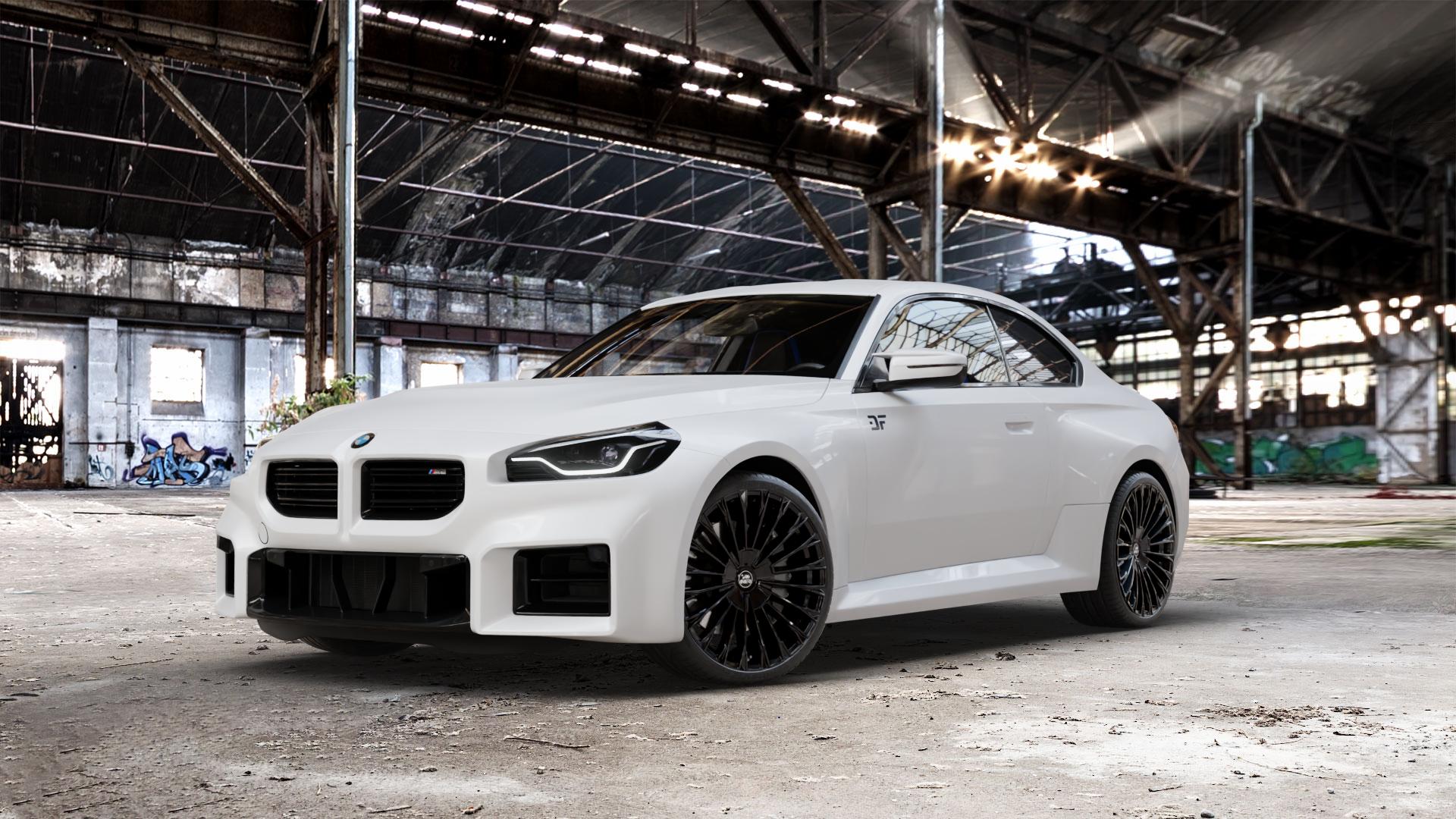 Antera A103 Piano Black Felge mit Reifen schwarz in 20Zoll Winterfelge Alufelge auf weissem BMW M2 Typ G87 ⬇️ mit 15mm Tieferlegung ⬇️ Old Industrial Hall_max_5300mm_2024 Frontansicht_1
