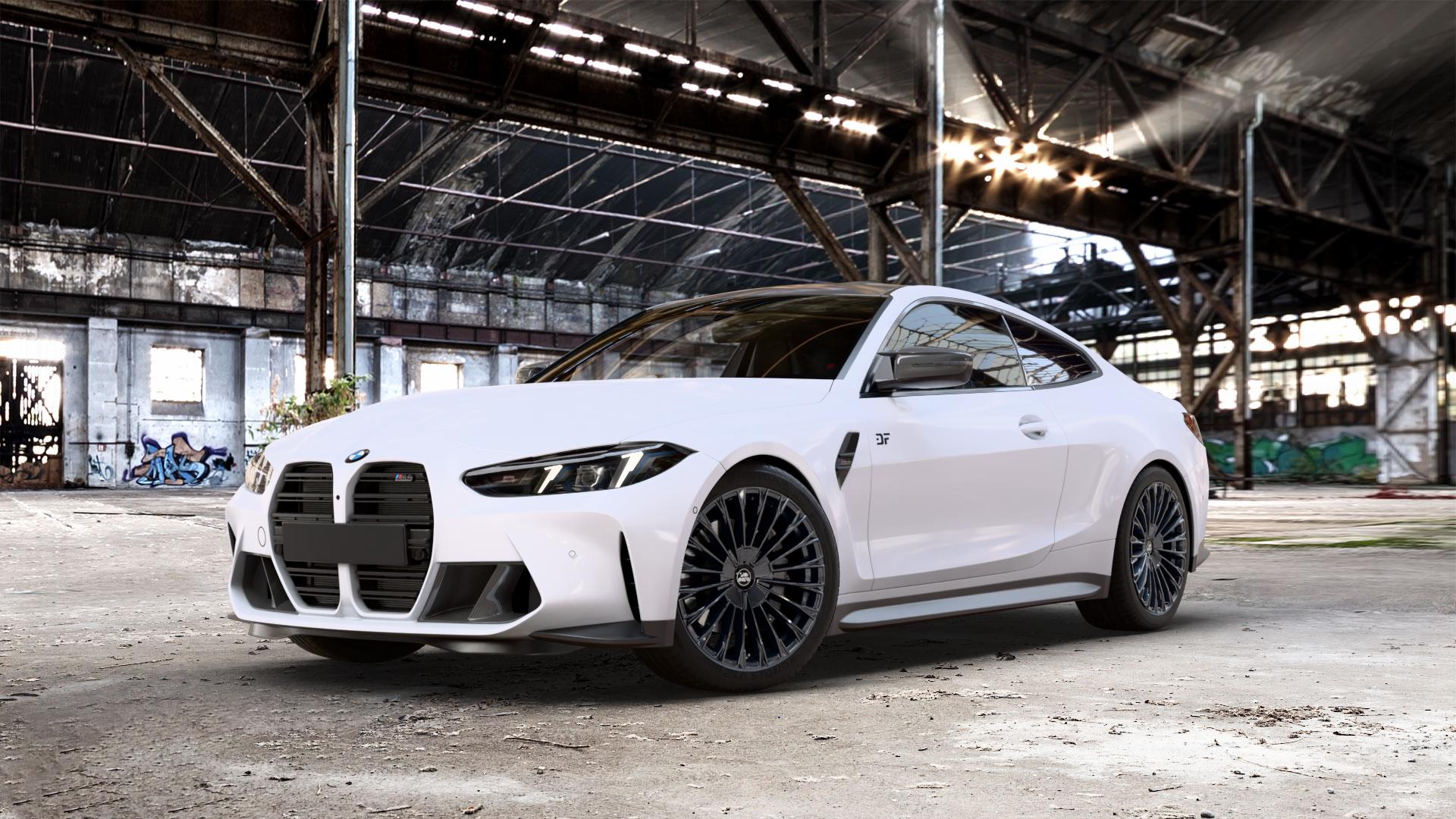 Antera A103 Piano Black Felge mit Reifen schwarz in 20Zoll Winterfelge Alufelge auf weissem BMW M4 Typ G82 (Coupe) Facelift 3,0l 390kW Competition xDrive (530 PS) CS 405kW (551 353kW (480 375kW (510 ⬇️ mit 15mm Tieferlegung ⬇️ Old Industrial Hall_max_5300mm_2024 Frontansicht_1