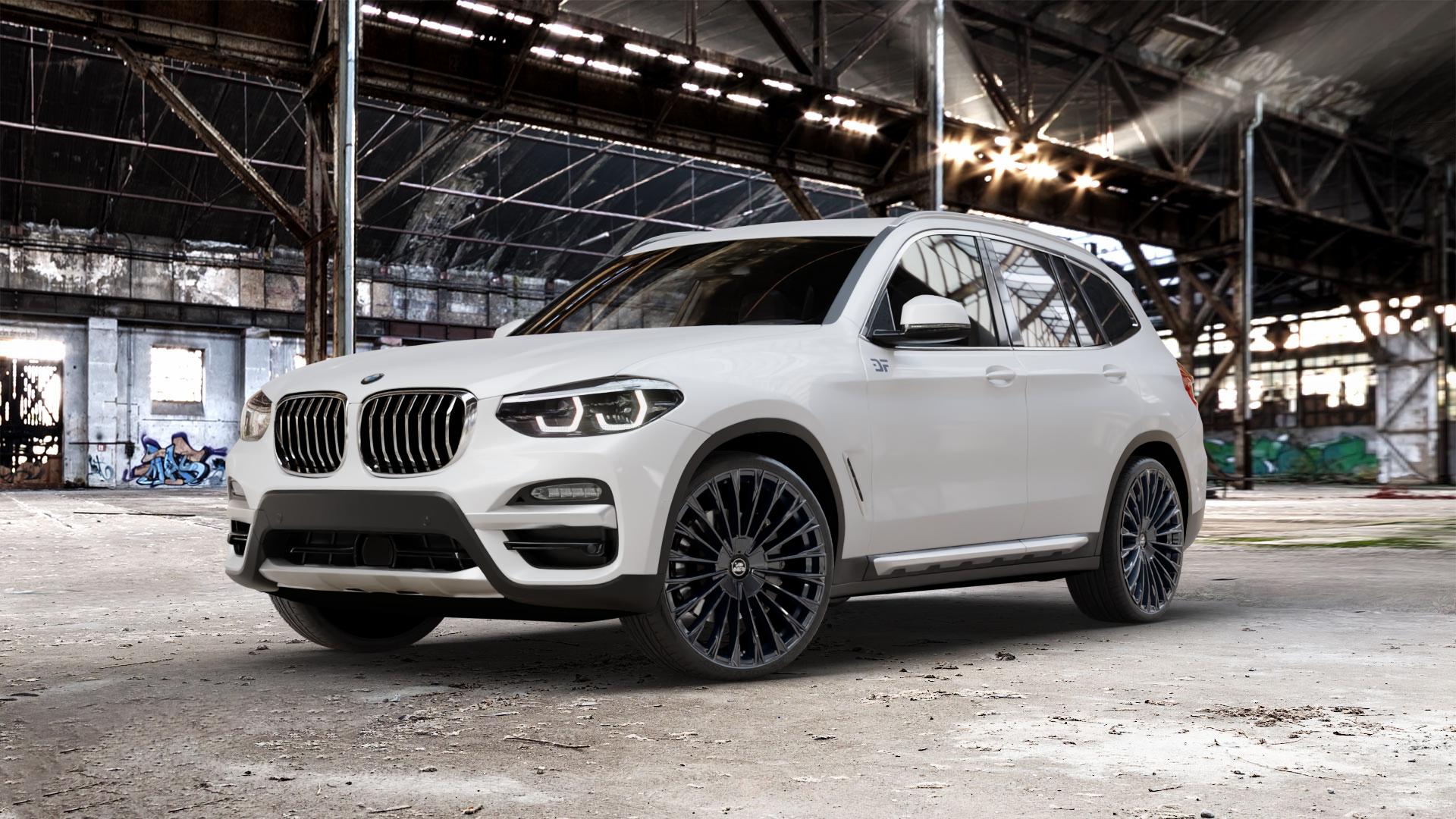 Antera A103 Piano Black Felge mit Reifen schwarz in 22Zoll Winterfelge Alufelge auf weissem BMW X3 Typ G01 (G3X) ⬇️ mit 15mm Tieferlegung ⬇️ Old Industrial Hall_max_5300mm_2024 Frontansicht_1