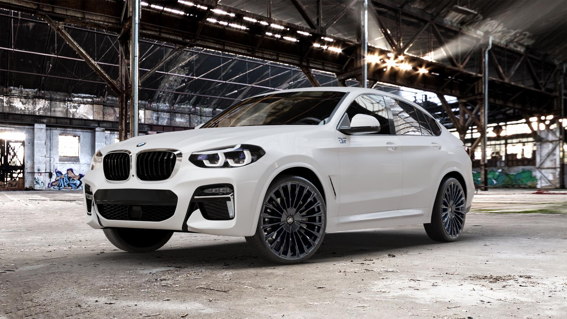 Antera A103 Piano Black Felge mit Reifen schwarz in 22Zoll Winterfelge Alufelge auf weissem BMW X4 Typ G02 (G4X) ⬇️ mit 15mm Tieferlegung ⬇️ Old Industrial Hall_max_5300mm_2024 Frontansicht_1