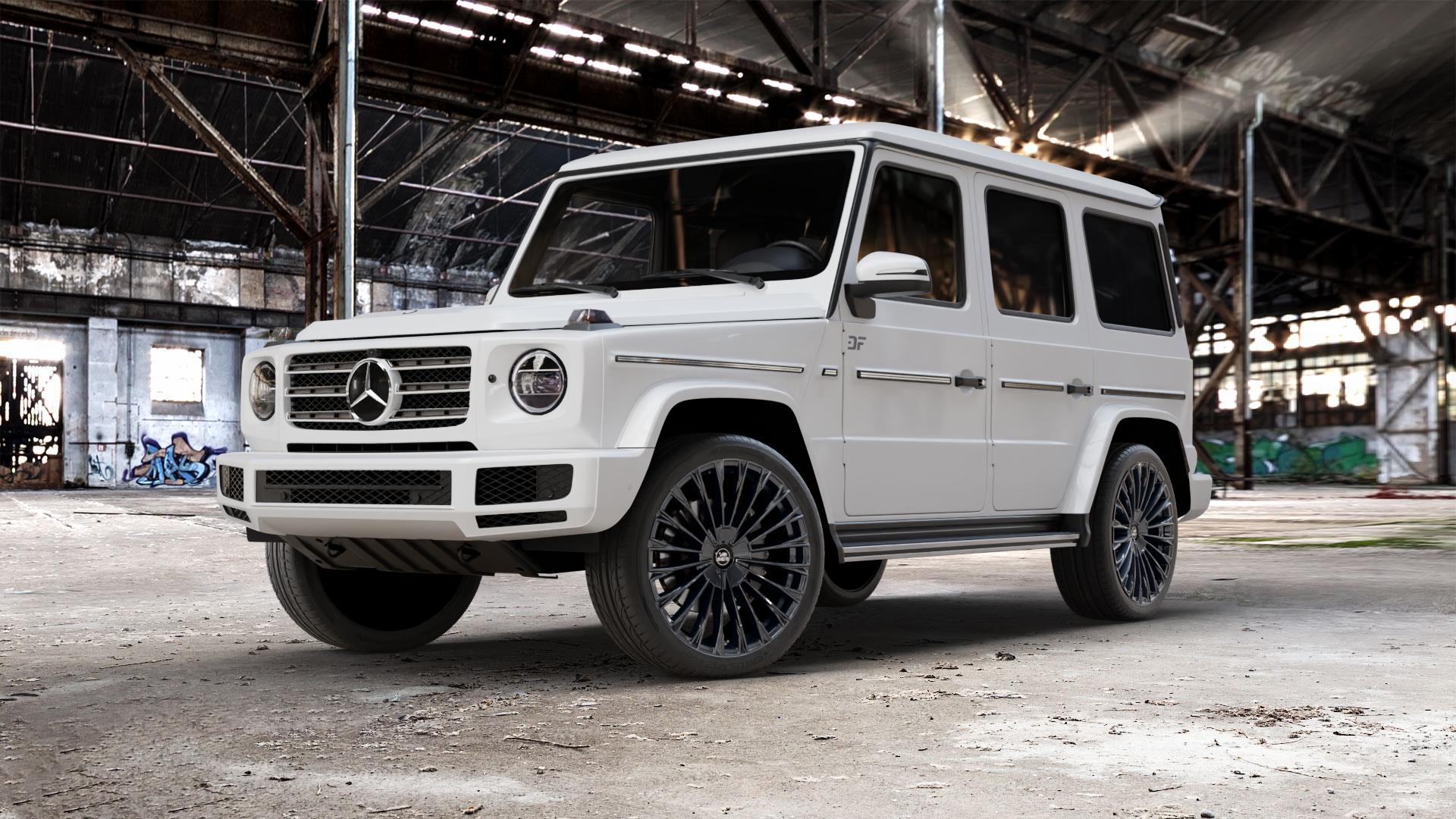 Antera A103 Piano Black Felge mit Reifen schwarz in 22Zoll Winterfelge Alufelge auf weissem Mercedes G-Klasse Typ W463 Facelift (18->) ⬇️ mit 15mm Tieferlegung ⬇️ Old Industrial Hall_max_5300mm_2024 Frontansicht_1