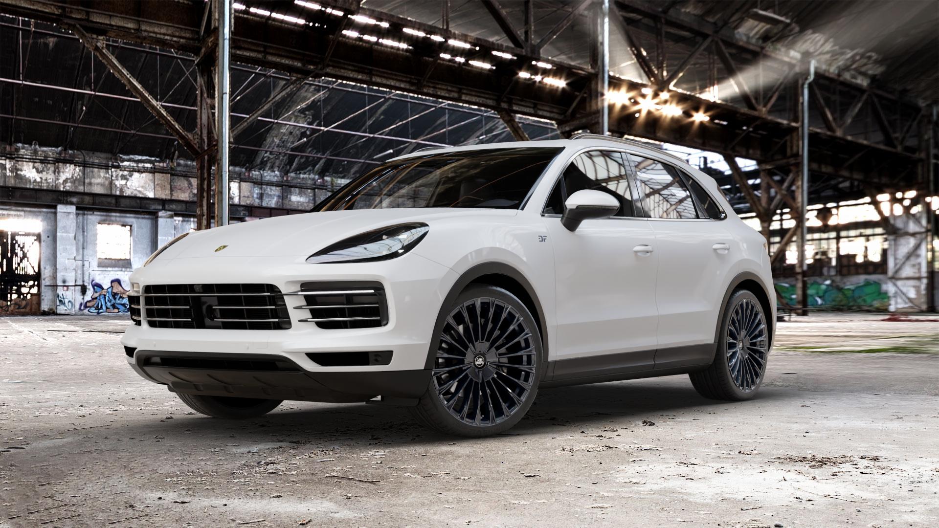 Antera A103 Piano Black Felge mit Reifen schwarz in 22Zoll Winterfelge Alufelge auf weissem Porsche Cayenne III Typ 9YA ⬇️ mit 15mm Tieferlegung ⬇️ Old Industrial Hall_max_5300mm_2024 Frontansicht_1