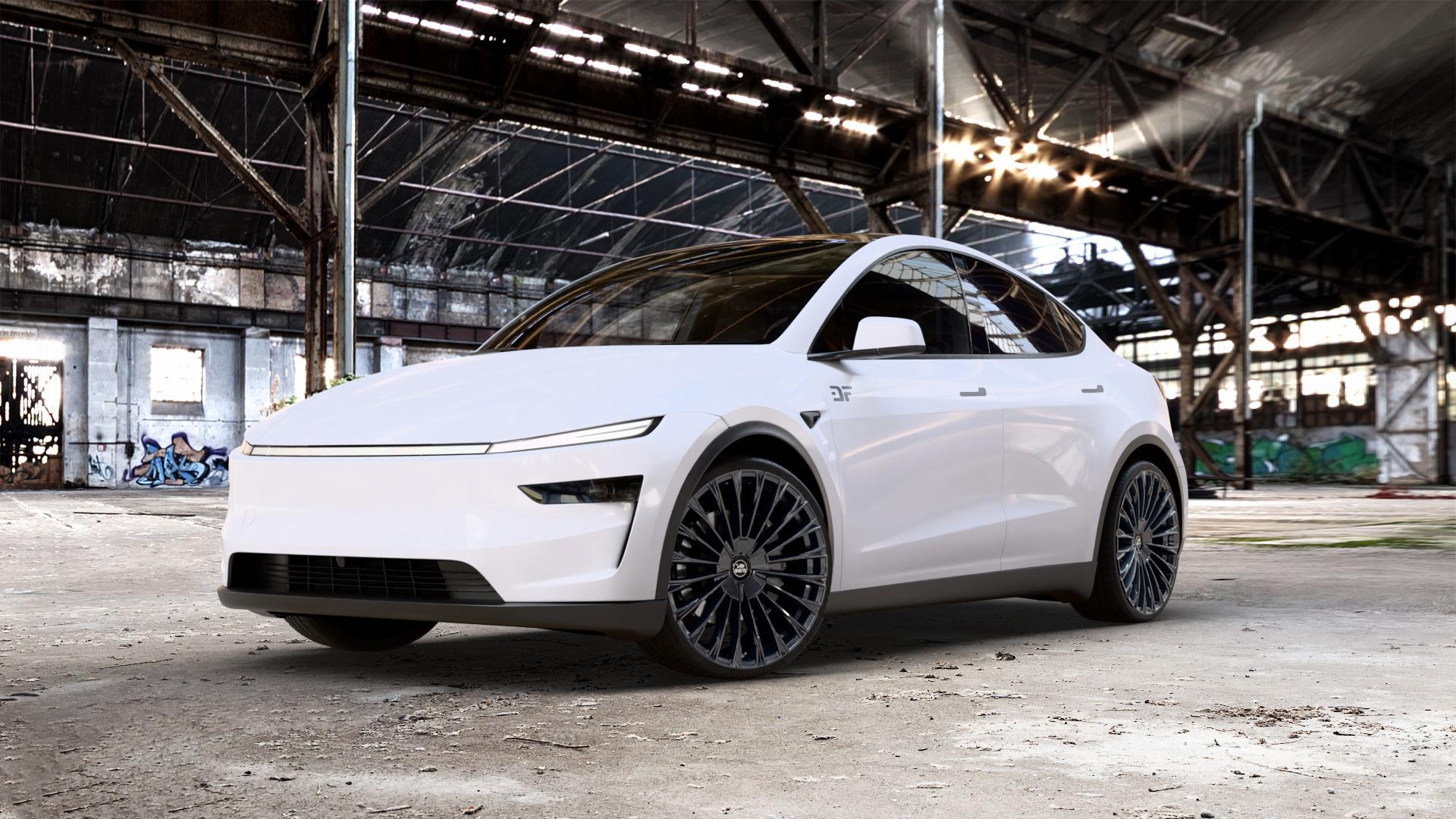 Antera A103 Piano Black Felge mit Reifen schwarz in 22Zoll Winterfelge Alufelge auf weissem Tesla Model Y Typ 003 Juniper Facelift 003/005 ⬇️ mit 15mm Tieferlegung ⬇️ Old Industrial Hall_max_5300mm_2024 Frontansicht_1