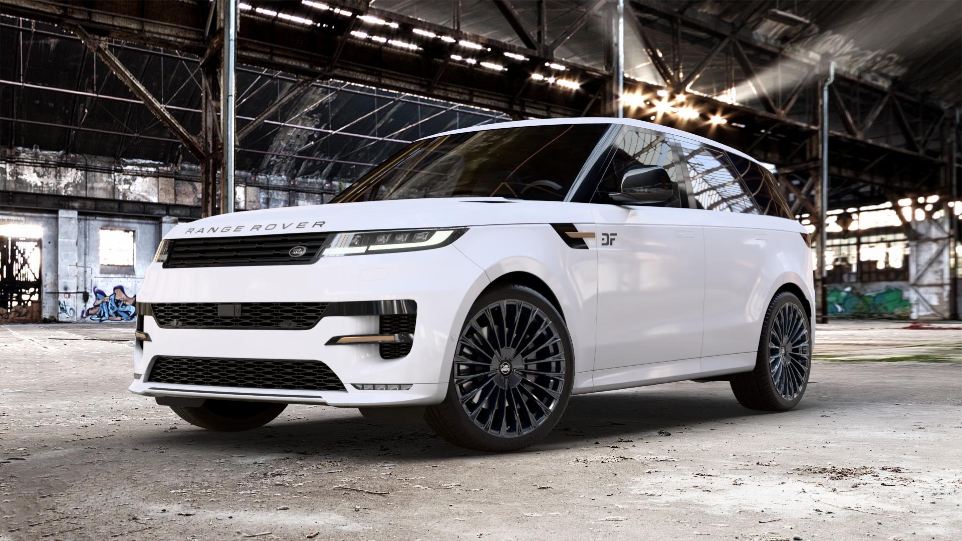 Antera A103 Piano Black Felge mit Reifen schwarz in 23Zoll Winterfelge Alufelge auf weissem Land Rover Range Sport Typ LS LW Facelift L1 ⬇️ mit 15mm Tieferlegung ⬇️ Old Industrial Hall_max_5300mm_2024 Frontansicht_1