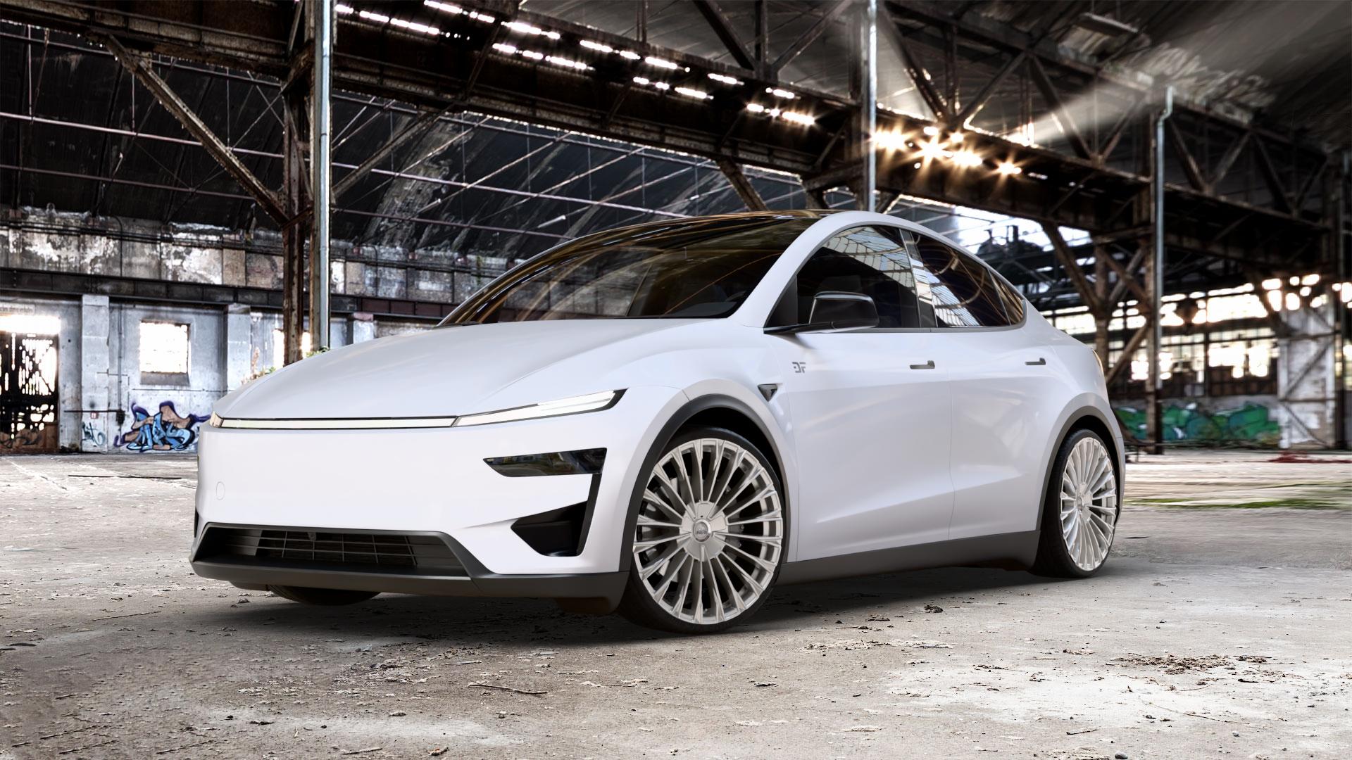 Antera A103 Silver Ice Felge mit Reifen silber weiss in 22Zoll Winterfelge Alufelge auf weissem Tesla Model Y Typ 003 Juniper 0,0l Performance 190kW 4WD (258 PS) ⬇️ mit 15mm Tieferlegung ⬇️ Old Industrial Hall_max_5300mm_2024 Frontansicht_1