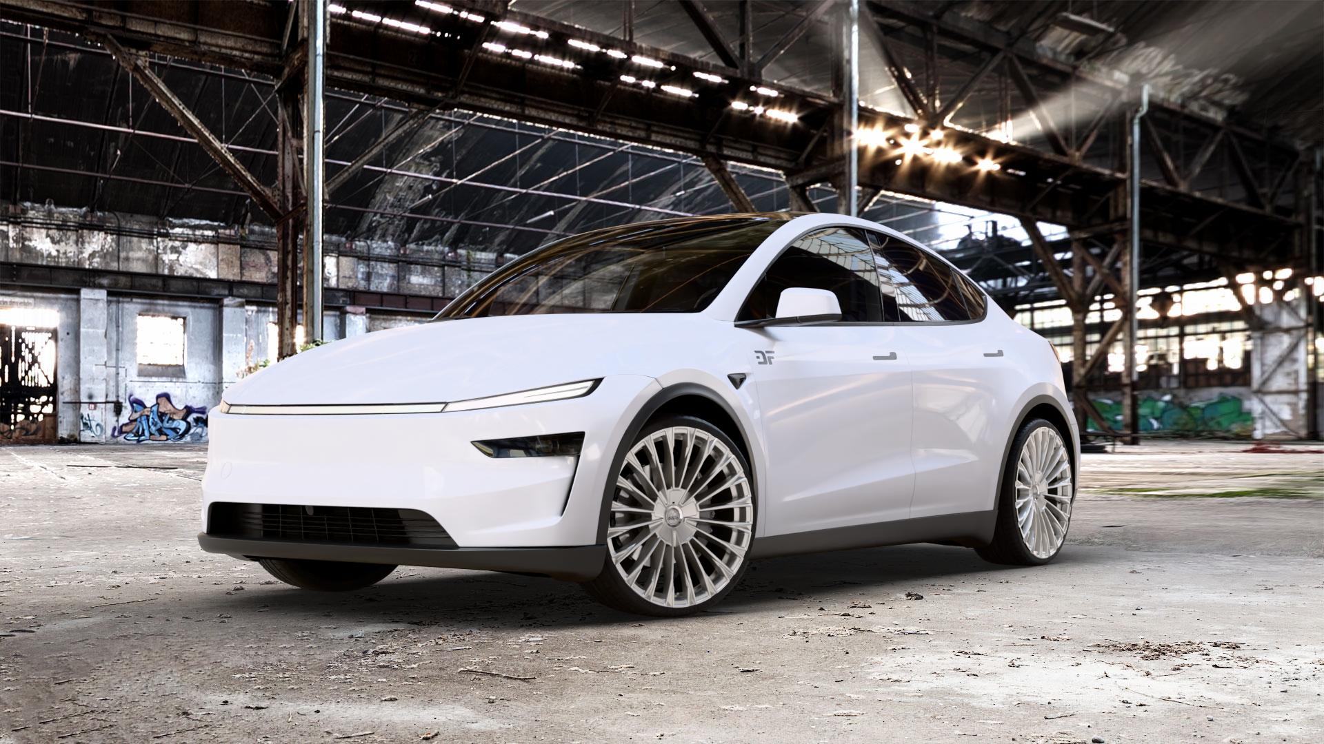 Antera A103 Silver Ice Felge mit Reifen silber weiss in 22Zoll Winterfelge Alufelge auf weissem Tesla Model Y Typ 003 Juniper Facelift 003/005 ⬇️ mit 15mm Tieferlegung ⬇️ Old Industrial Hall_max_5300mm_2024 Frontansicht_1
