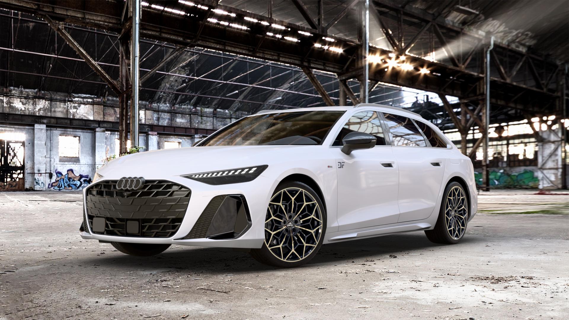Antera A105 Piano Black Champagne Felge mit Reifen schwarz Champagner in 21Zoll Winterfelge Alufelge auf metallic schwarzem Audi A6 Typ F2/C9 (Avant) ⬇️ mit 15mm Tieferlegung ⬇️ Old Industrial Hall_max_5300mm_2024 Frontansicht_1