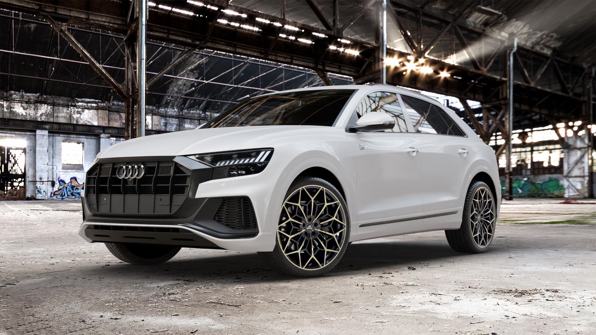 Antera A105 Piano Black Champagne Felge mit Reifen schwarz Champagner in 23Zoll Winterfelge Alufelge auf weissem Audi Q8 Typ 4M (4L) ⬇️ mit 15mm Tieferlegung ⬇️ Old Industrial Hall_max_5300mm_2024 Frontansicht_1