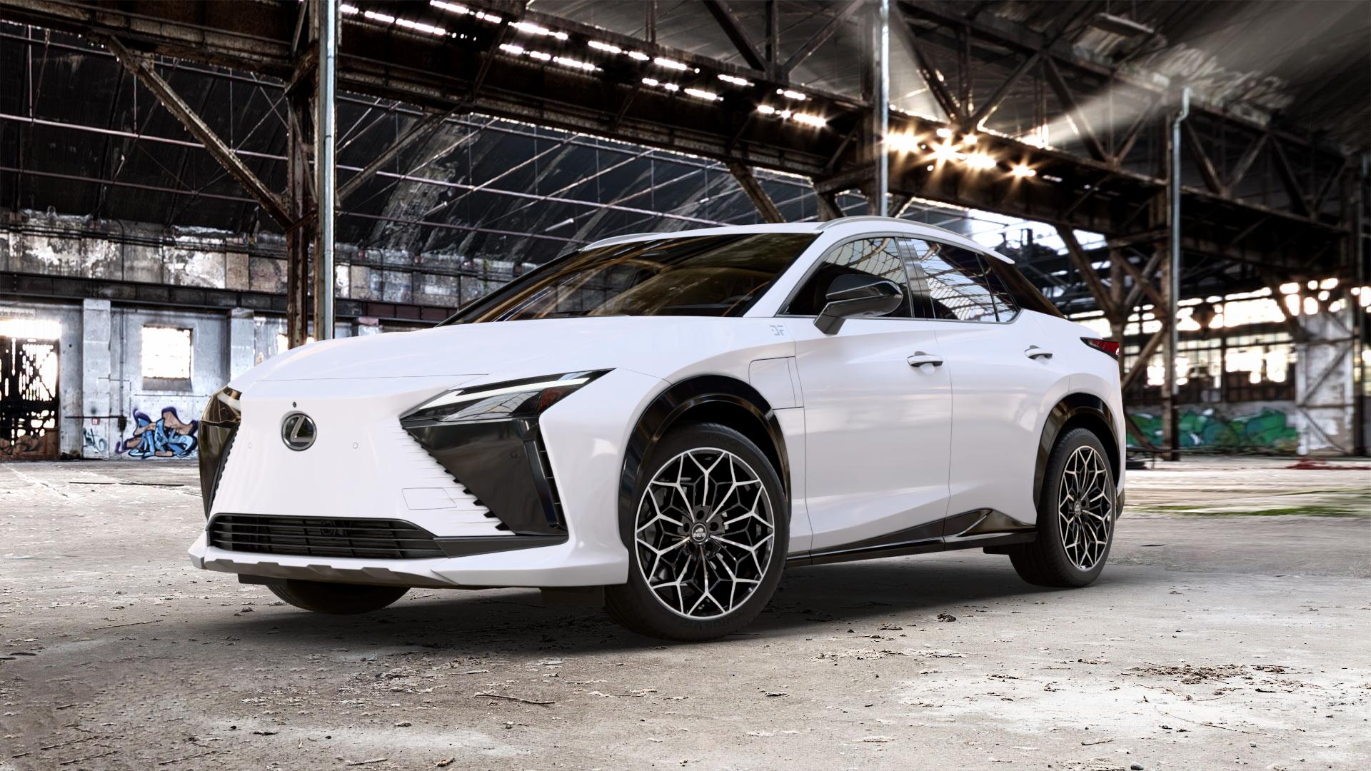 Antera A105 Piano Black Diamond Felge mit Reifen schwarz in 20Zoll Winterfelge Alufelge auf weissem Lexus RZ Typ EBM1(M) ⬇️ mit 15mm Tieferlegung ⬇️ Old Industrial Hall_max_5300mm_2024 Frontansicht_1