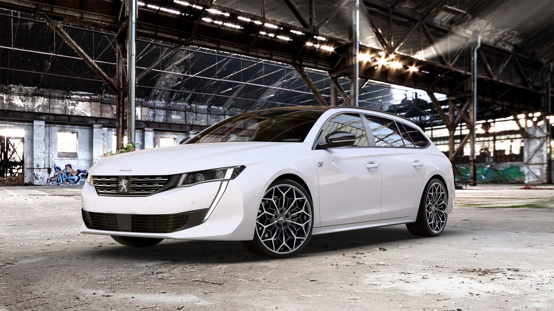 Antera A105 Piano Black Diamond Felge mit Reifen schwarz in 20Zoll Winterfelge Alufelge auf weissem Peugeot 508 Typ F SW ⬇️ mit 15mm Tieferlegung ⬇️ Old Industrial Hall_max_5300mm_2024 Frontansicht_1