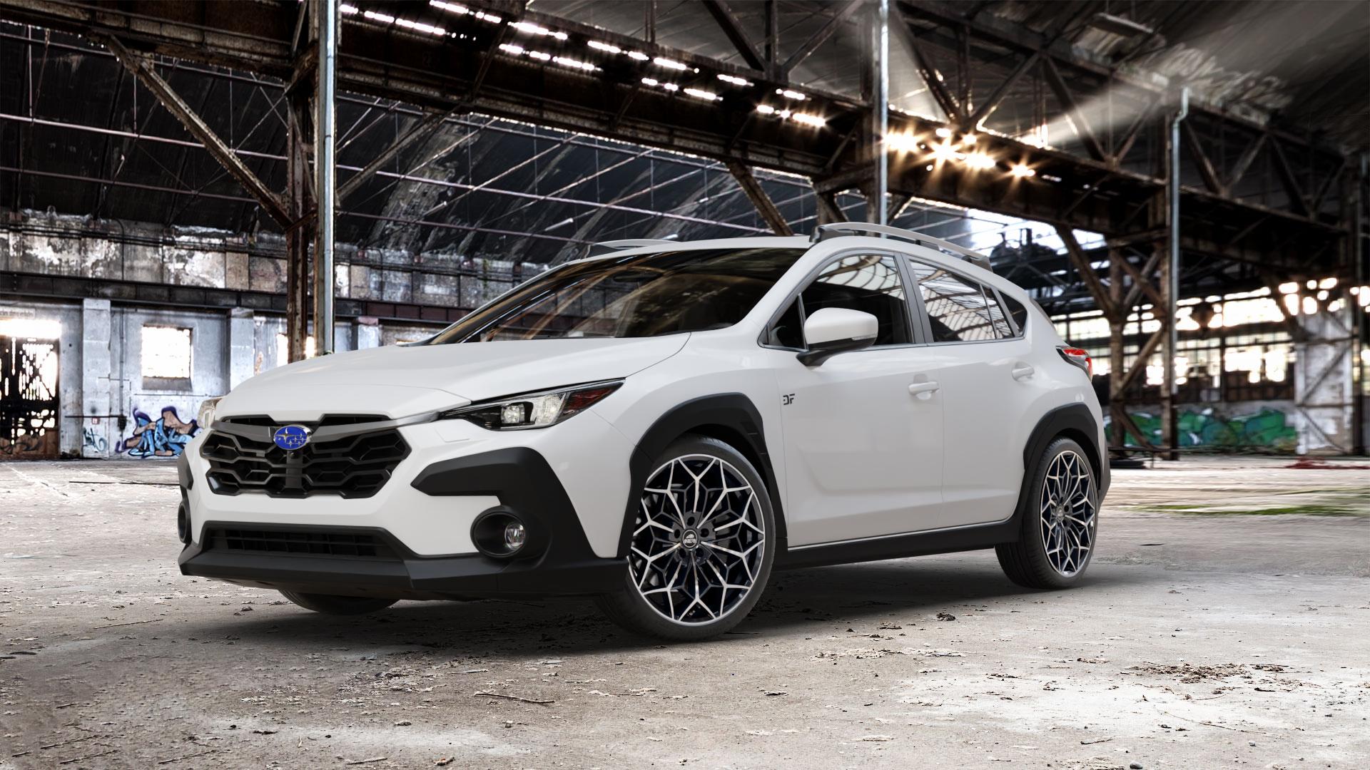 Antera A105 Piano Black Diamond Felge mit Reifen schwarz in 20Zoll Winterfelge Alufelge auf weissem Subaru Crosstrek Typ G6-SS 2,0l 100kW Mild-Hybrid AWD (136 PS) ⬇️ mit 15mm Tieferlegung ⬇️ Old Industrial Hall_max_5300mm_2024 Frontansicht_1