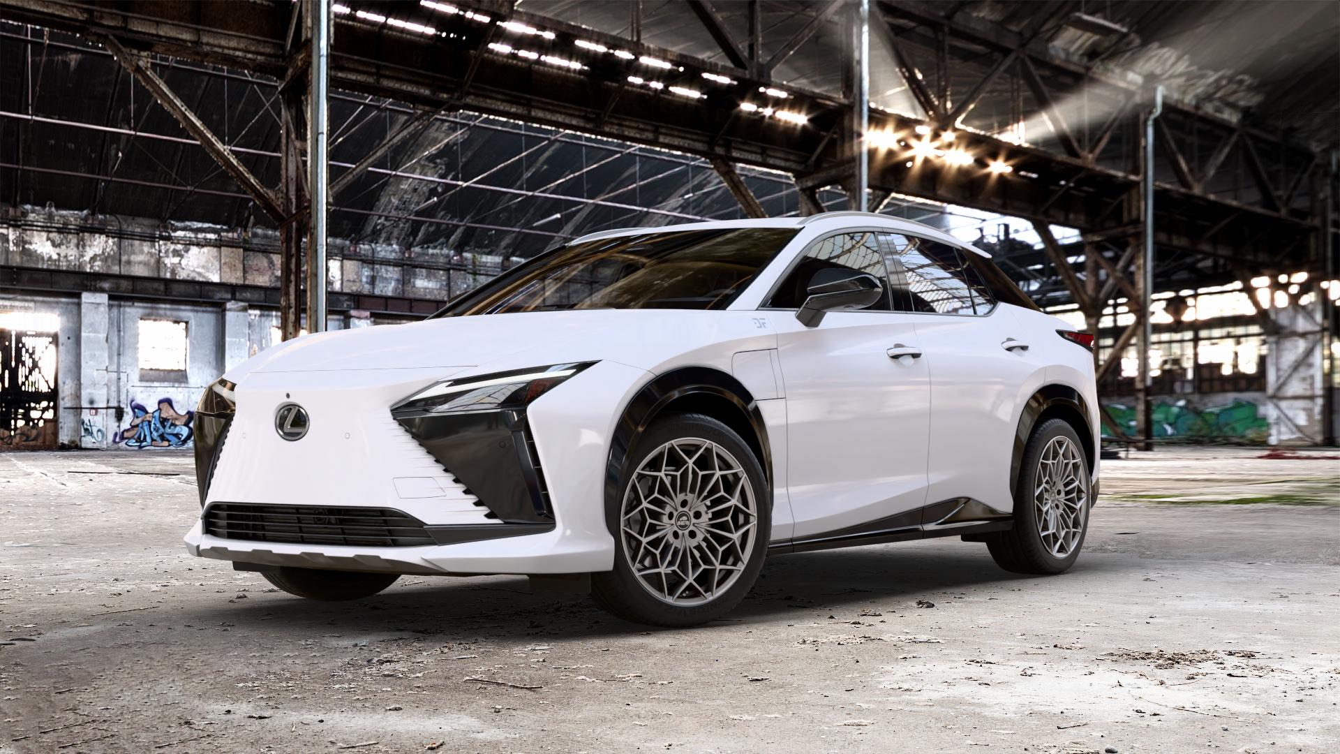Antera A105 Stone Bronze Felge mit Reifen in 20Zoll Winterfelge Alufelge auf weissem Lexus RZ Typ EBM1(M) ⬇️ mit 15mm Tieferlegung ⬇️ Old Industrial Hall_max_5300mm_2024 Frontansicht_1