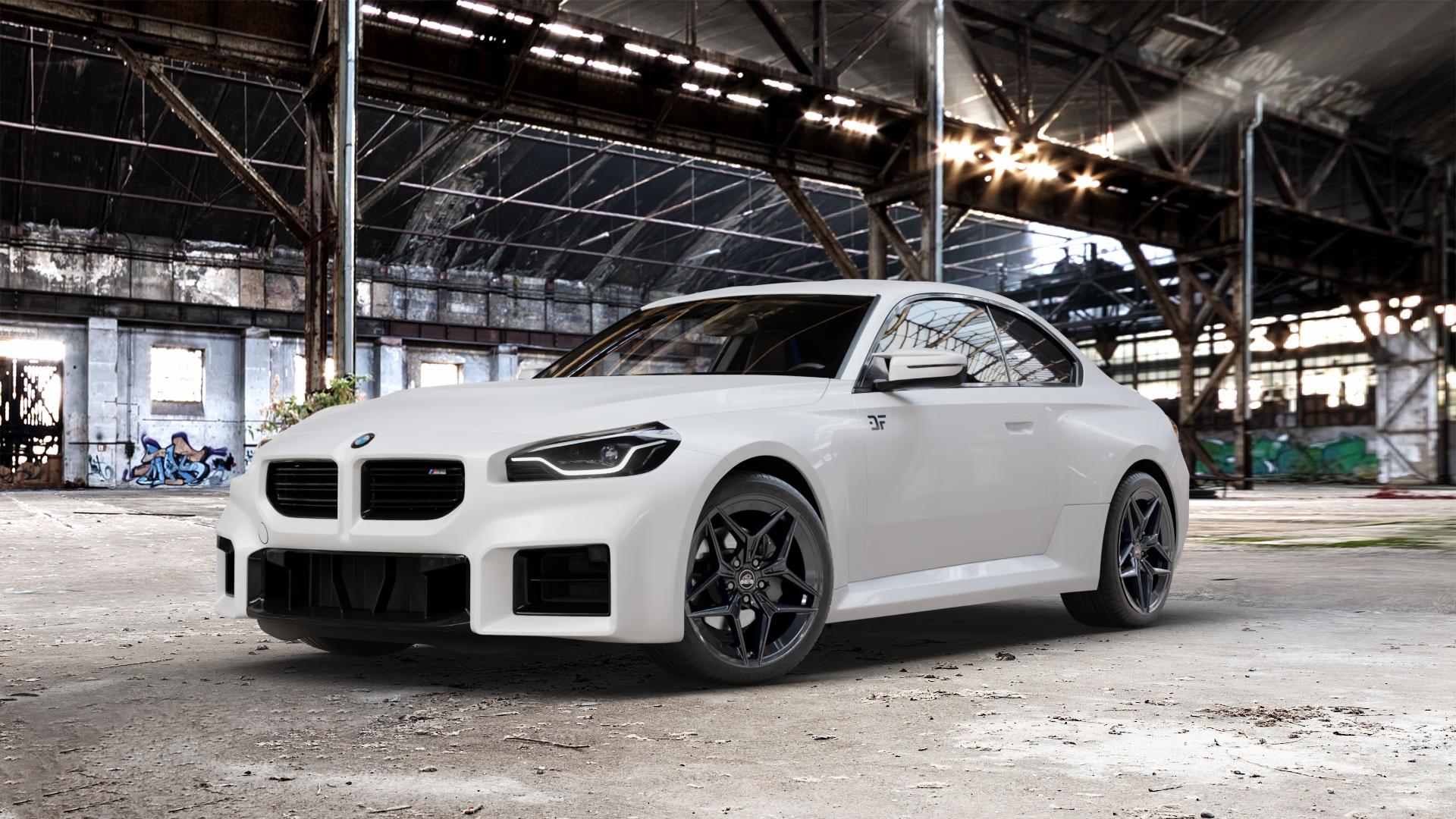 Antera A107 Piano Black Felge mit Reifen schwarz in 19Zoll Winterfelge Alufelge auf weissem BMW M2 Typ G87 ⬇️ mit 15mm Tieferlegung ⬇️ Old Industrial Hall_max_5300mm_2024 Frontansicht_1