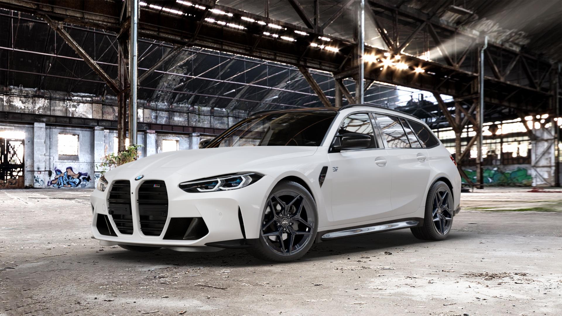 Antera A107 Piano Black Felge mit Reifen schwarz in 19Zoll Winterfelge Alufelge auf weissem BMW M3 Typ G81 (Touring) Facelift ⬇️ mit 15mm Tieferlegung ⬇️ Old Industrial Hall_max_5300mm_2024 Frontansicht_1