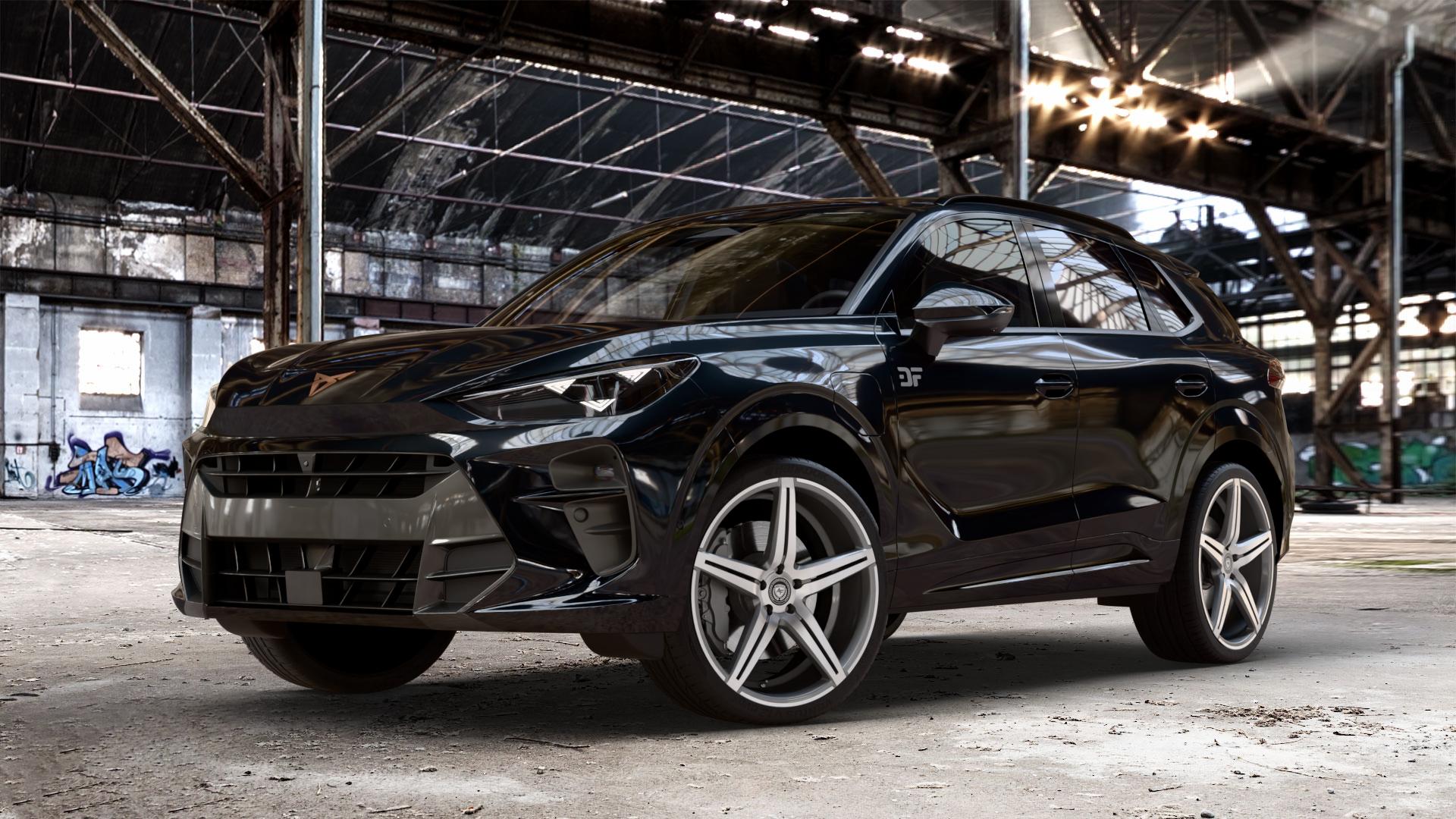 artFORM AF-301 Gunmetal polished Felge mit Reifen grau silber mehrfarbig in 21Zoll Alufelge auf metallic schwarzem Cupra Terramar Typ KP ⬇️ mit 15mm Tieferlegung ⬇️ Old Industrial Hall_max_4400mm_2024 Frontansicht_1
