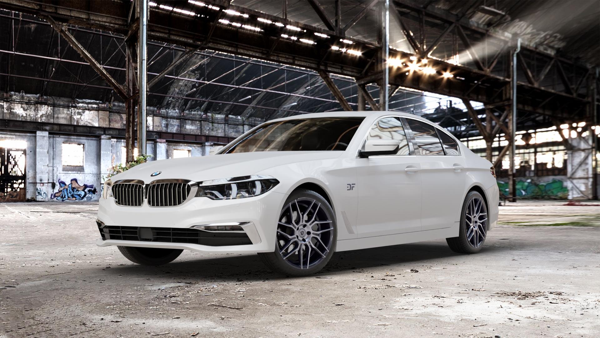 artFORM AF-802 Gunmetal Polished Felge mit Reifen grau mehrfarbig grau/silber in 19Zoll Alufelge auf weissem BMW 5er G30 Limousine (G5L) ⬇️ mit 15mm Tieferlegung ⬇️ Old Industrial Hall_max_5300mm_2024 Frontansicht_1