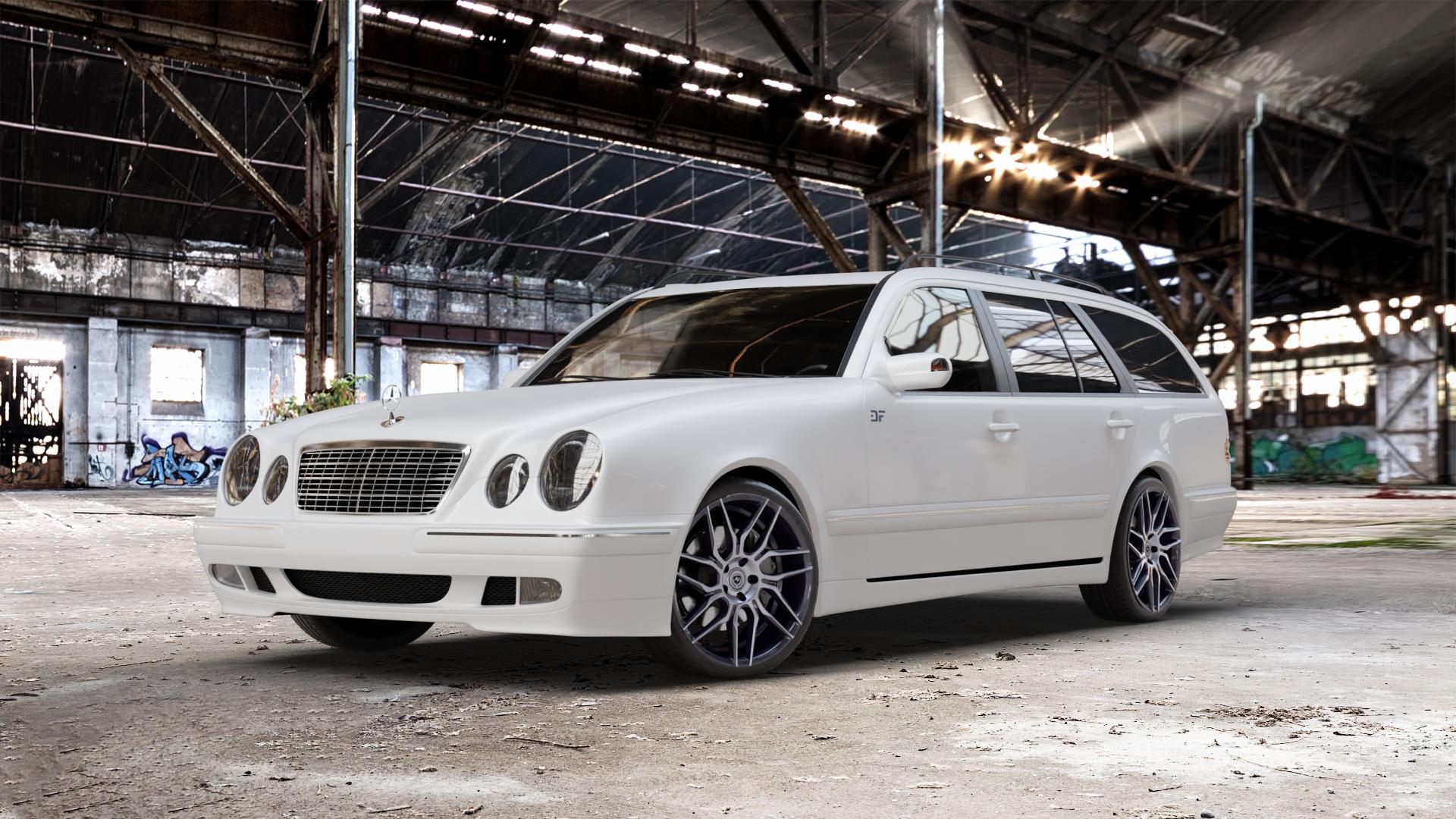 artFORM AF-802 Gunmetal Polished Felge mit Reifen grau mehrfarbig grau/silber in 19Zoll Alufelge auf weissem Mercedes E-Klasse Typ S210 Kombi ⬇️ mit 15mm Tieferlegung ⬇️ Old Industrial Hall_max_5300mm_2024 Frontansicht_1