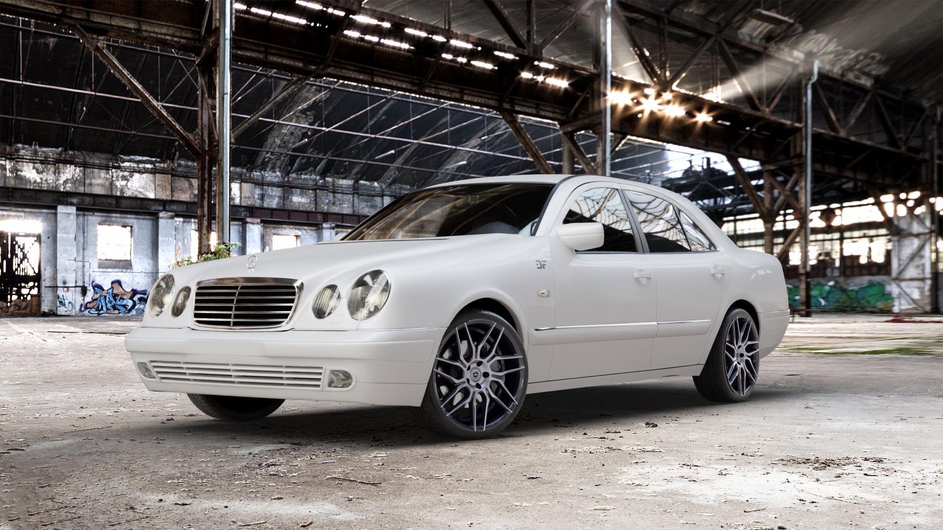 artFORM AF-802 Gunmetal Polished Felge mit Reifen grau mehrfarbig grau/silber in 19Zoll Alufelge auf weissem Mercedes E-Klasse Typ W210 Limousine ⬇️ mit 15mm Tieferlegung ⬇️ Old Industrial Hall_max_5300mm_2024 Frontansicht_1