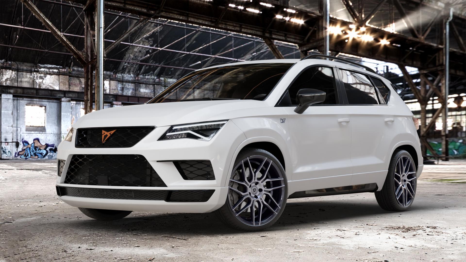 artFORM AF-802 Gunmetal Polished Felge mit Reifen grau mehrfarbig grau/silber in 20Zoll Alufelge auf weissem Cupra Ateca Typ 5FP 2,0l TFSI 4Drive 221kW (300 PS) ⬇️ mit 15mm Tieferlegung ⬇️ Old Industrial Hall_max_4400mm_2024 Frontansicht_1