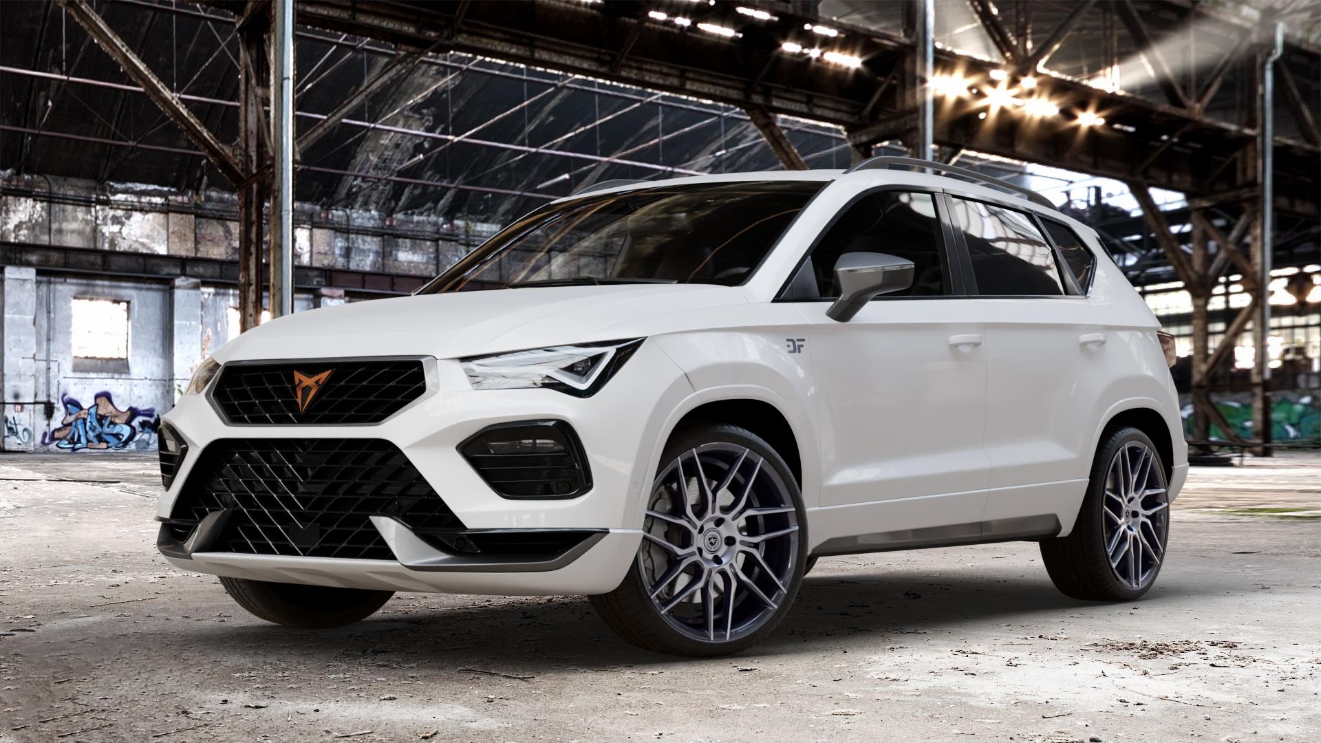artFORM AF-802 Gunmetal Polished Felge mit Reifen grau mehrfarbig grau/silber in 20Zoll Alufelge auf weissem Cupra Ateca Typ 5FP Facelift ⬇️ mit 15mm Tieferlegung ⬇️ Old Industrial Hall_max_4400mm_2024 Frontansicht_1