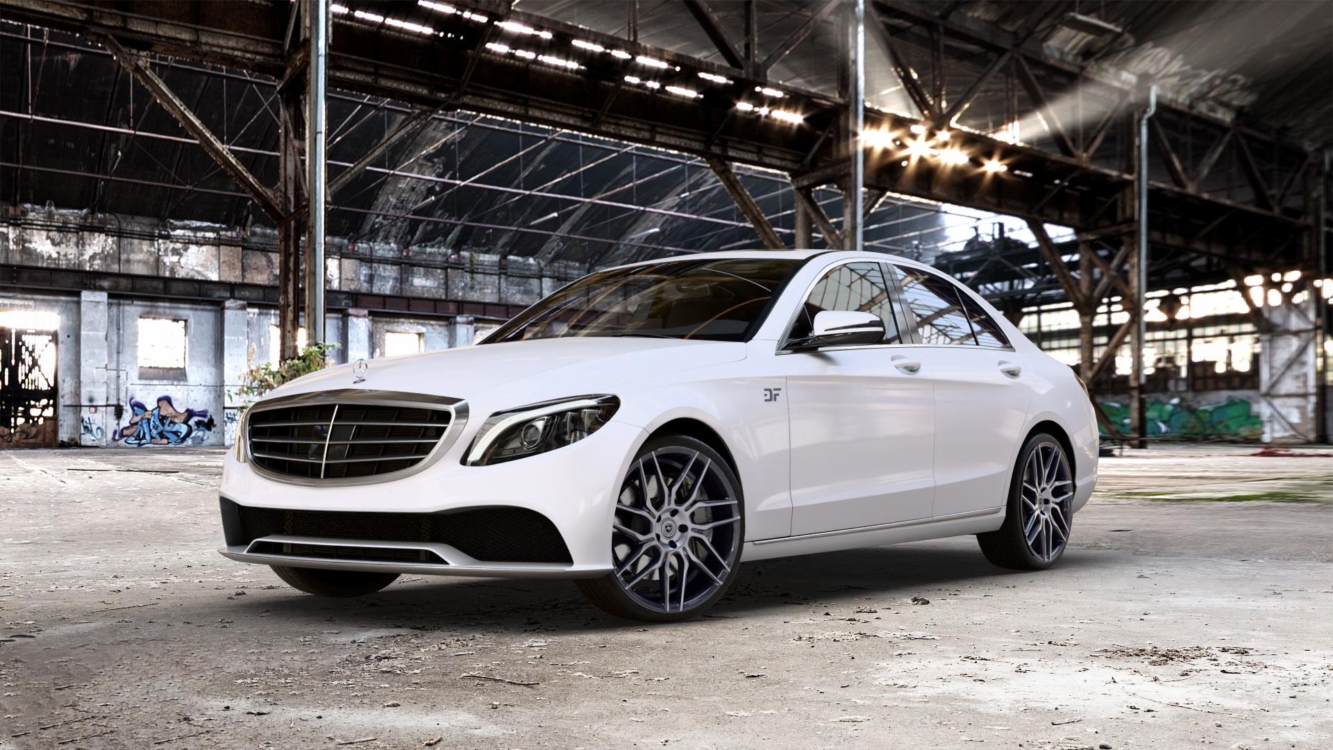 artFORM AF-802 Gunmetal Polished Felge mit Reifen grau mehrfarbig grau/silber in 20Zoll Alufelge auf weissem Mercedes C-Klasse Typ W205 Limousine Facelift ⬇️ mit 15mm Tieferlegung ⬇️ Old Industrial Hall_max_5300mm_2024 Frontansicht_1