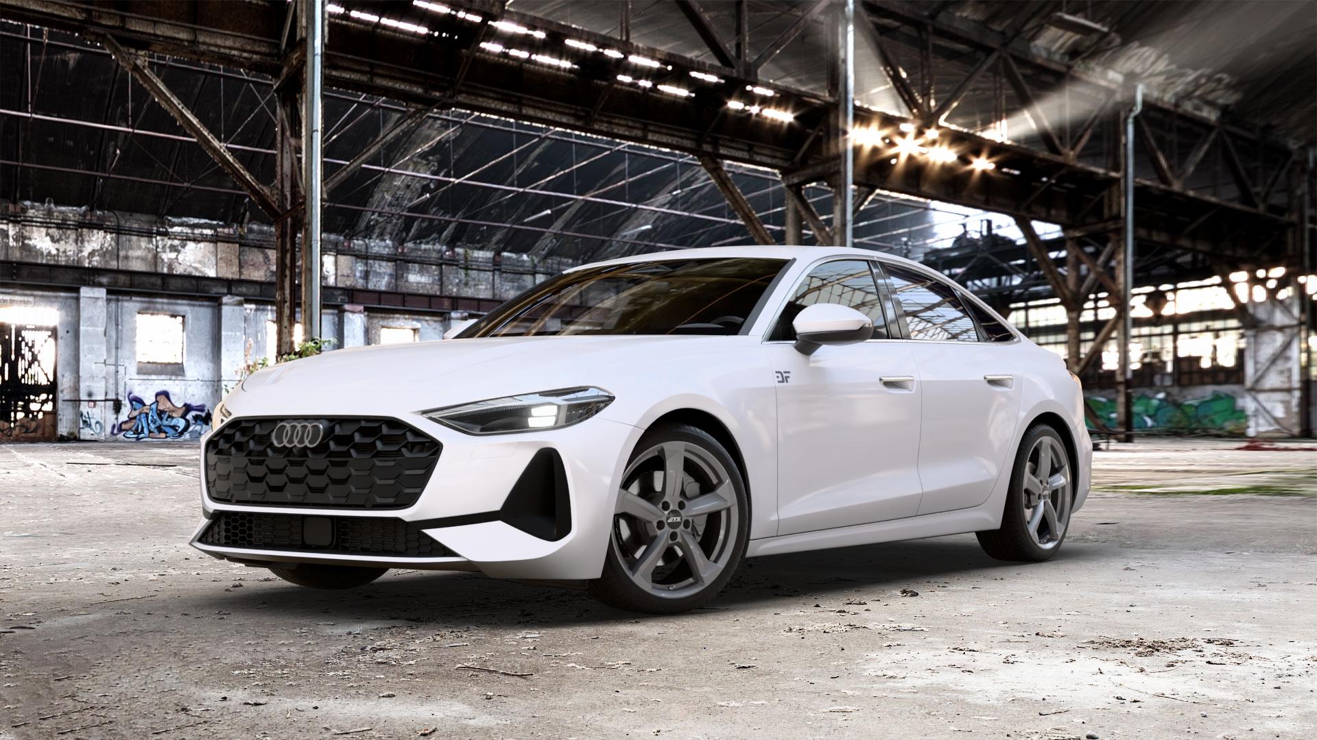 ATS Auvora dark-grey Felge mit Reifen grau in 19Zoll Winterfelge Alufelge auf weissem Audi A5 Typ B10 (Limousine) 2,0l TDI 150kW Mild-Hybrid (204 PS) quattro TSI 110kW (150 3,0l S5 270kW (367 ⬇️ mit 15mm Tieferlegung ⬇️ Old Industrial Hall_max_5300mm_2024 Frontansicht_1
