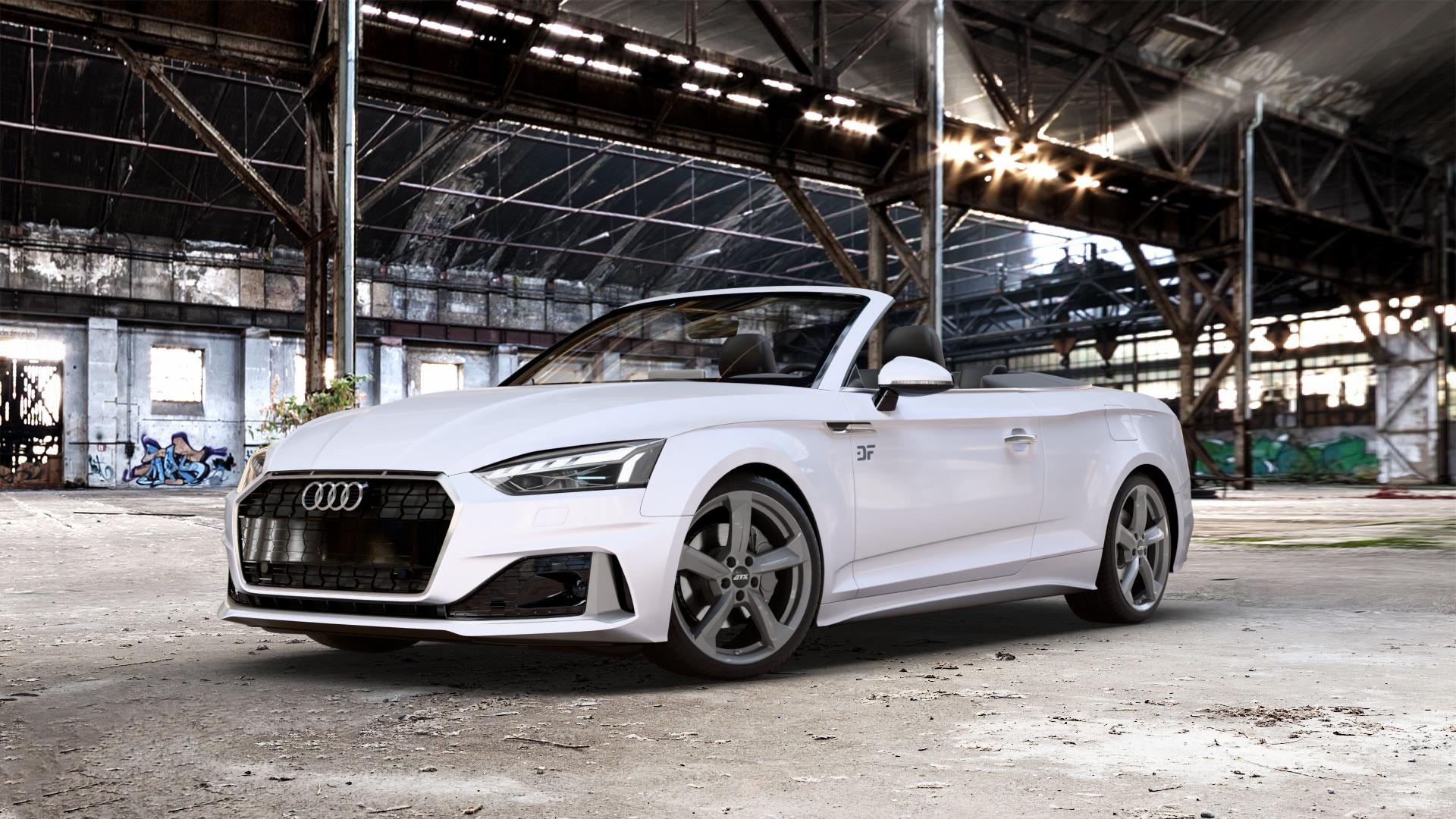 ATS Auvora dark-grey Felge mit Reifen grau in 19Zoll Winterfelge Alufelge auf weißem Audi A5 Typ B9 (Cabriolet) Facelift ⬇️ mit 15mm Tieferlegung ⬇️ Old Industrial Hall_max_5300mm_2024 Frontansicht_1
