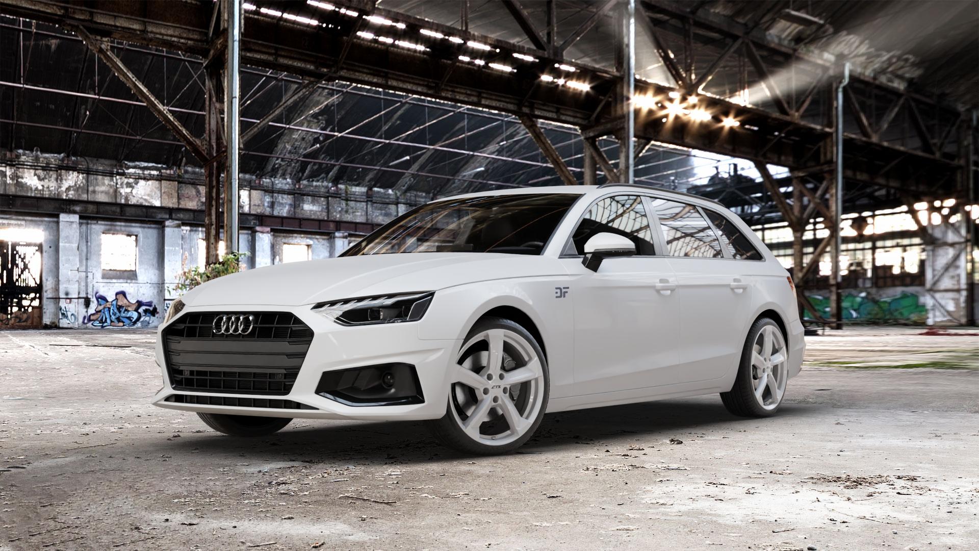 ATS Auvora polar-silber Felge mit Reifen in 19Zoll Winterfelge Alufelge auf weissem Audi A4 Typ B9 (Avant) Facelift ⬇️ mit 15mm Tieferlegung ⬇️ Old Industrial Hall_max_5300mm_2024 Frontansicht_1