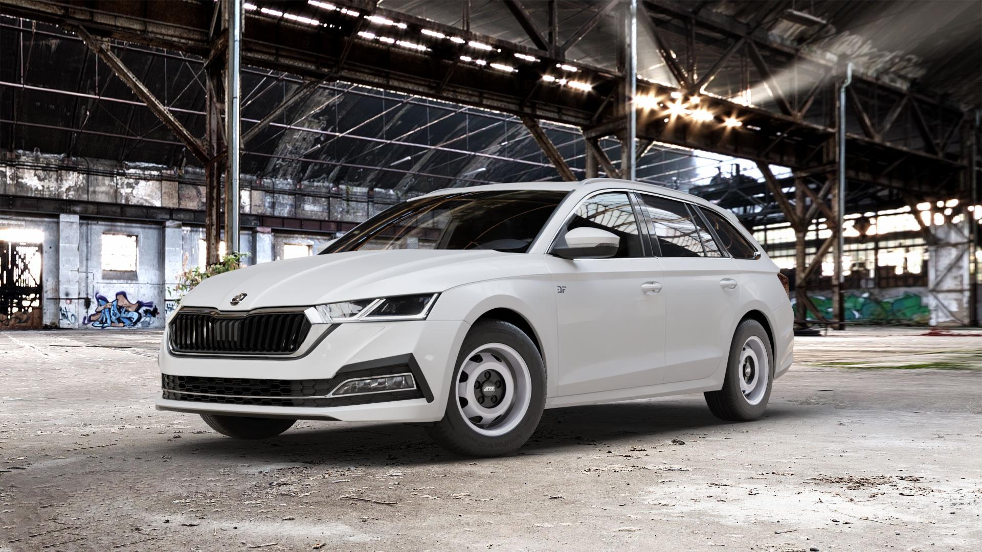 ATS Cup diamant-schwarz frontpoliert Felge mit Reifen silber mehrfarbig in 15Zoll Winterfelge Alufelge auf weissem Skoda Octavia IV Kombi Typ NX ⬇️ mit 15mm Tieferlegung ⬇️ Old Industrial Hall_max_5300mm_2024 Frontansicht_1