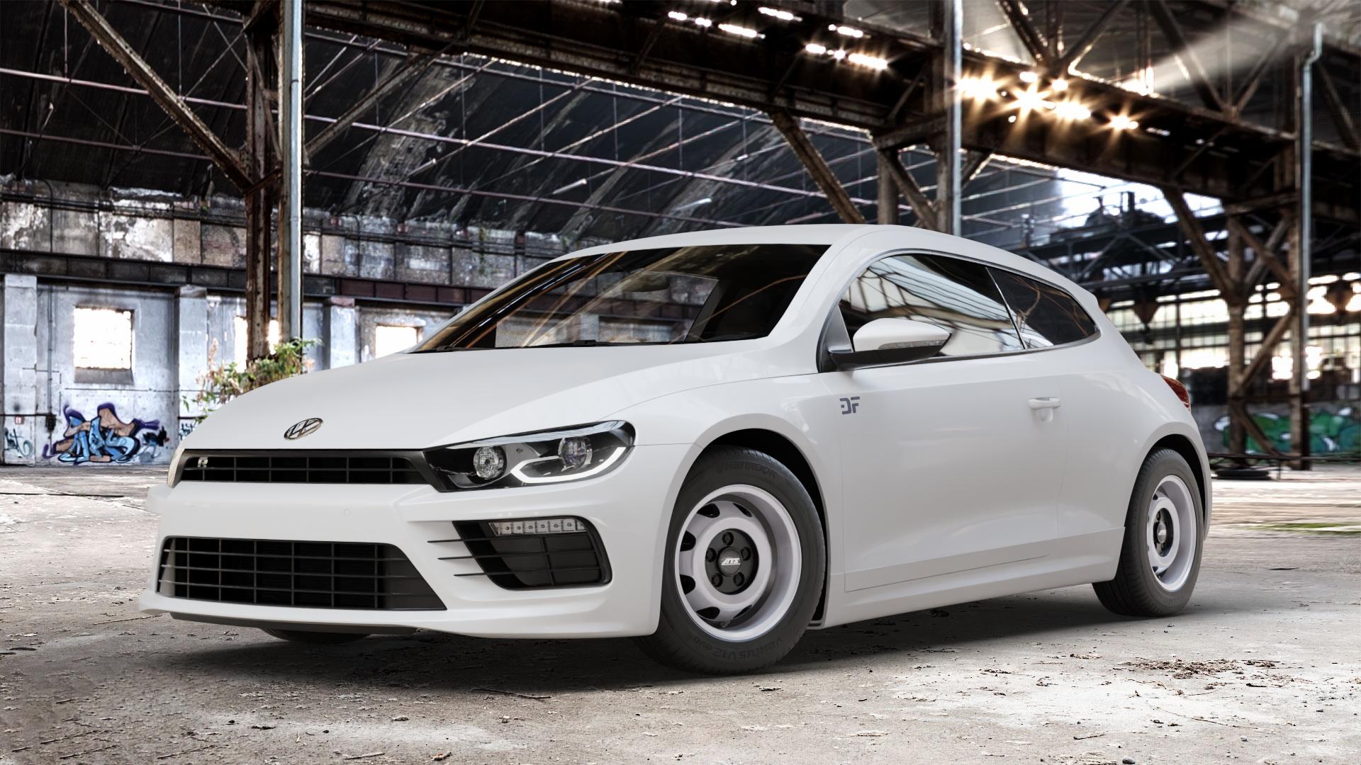 ATS Cup diamant-schwarz frontpoliert Felge mit Reifen silber mehrfarbig in 15Zoll Winterfelge Alufelge auf weissem Volkswagen (VW) Scirocco III Typ 13 Facelift ⬇️ mit 15mm Tieferlegung ⬇️ Old Industrial Hall_max_4400mm_2024 Frontansicht_1