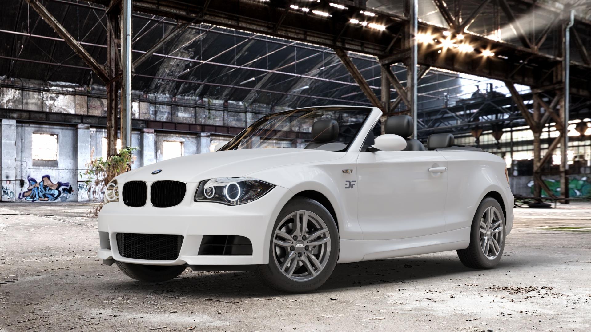 ATS Evolution dark-grey Felge mit Reifen grau in 16Zoll Winterfelge Alufelge auf weissem BMW 118i Typ E88 (Cabriolet) 120d 120i 125i 135i 123d 118d 1er Cabrio (182, 1C) ⬇️ mit 15mm Tieferlegung ⬇️ Old Industrial Hall_max_4400mm_2024 Frontansicht_1