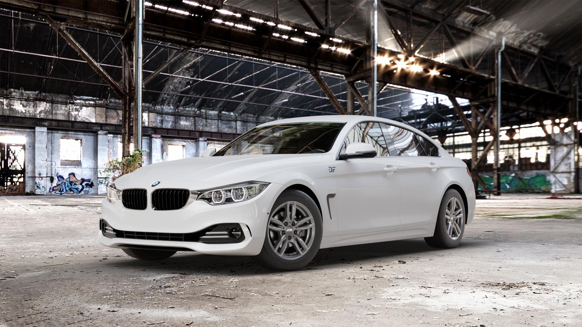 ATS Evolution dark-grey Felge mit Reifen grau in 16Zoll Winterfelge Alufelge auf weissem BMW 418d Typ F36 (Gran Coupe) 420d xDrive 420i 428i 435i 430d 440i 418i 430i 425d 4er Gran Coupe (3C) ⬇️ mit 15mm Tieferlegung ⬇️ Old Industrial Hall_max_5300mm_2024 Frontansicht_1