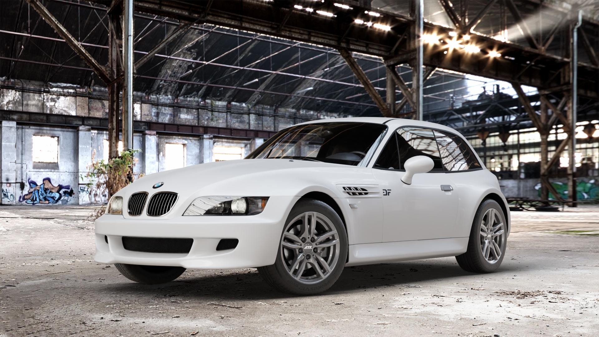 ATS Evolution dark-grey Felge mit Reifen grau in 16Zoll Winterfelge Alufelge auf weissem BMW Z3 Coupé Typ E36/8(S) (R/C) ⬇️ mit 15mm Tieferlegung ⬇️ Old Industrial Hall_max_4400mm_2024 Frontansicht_1