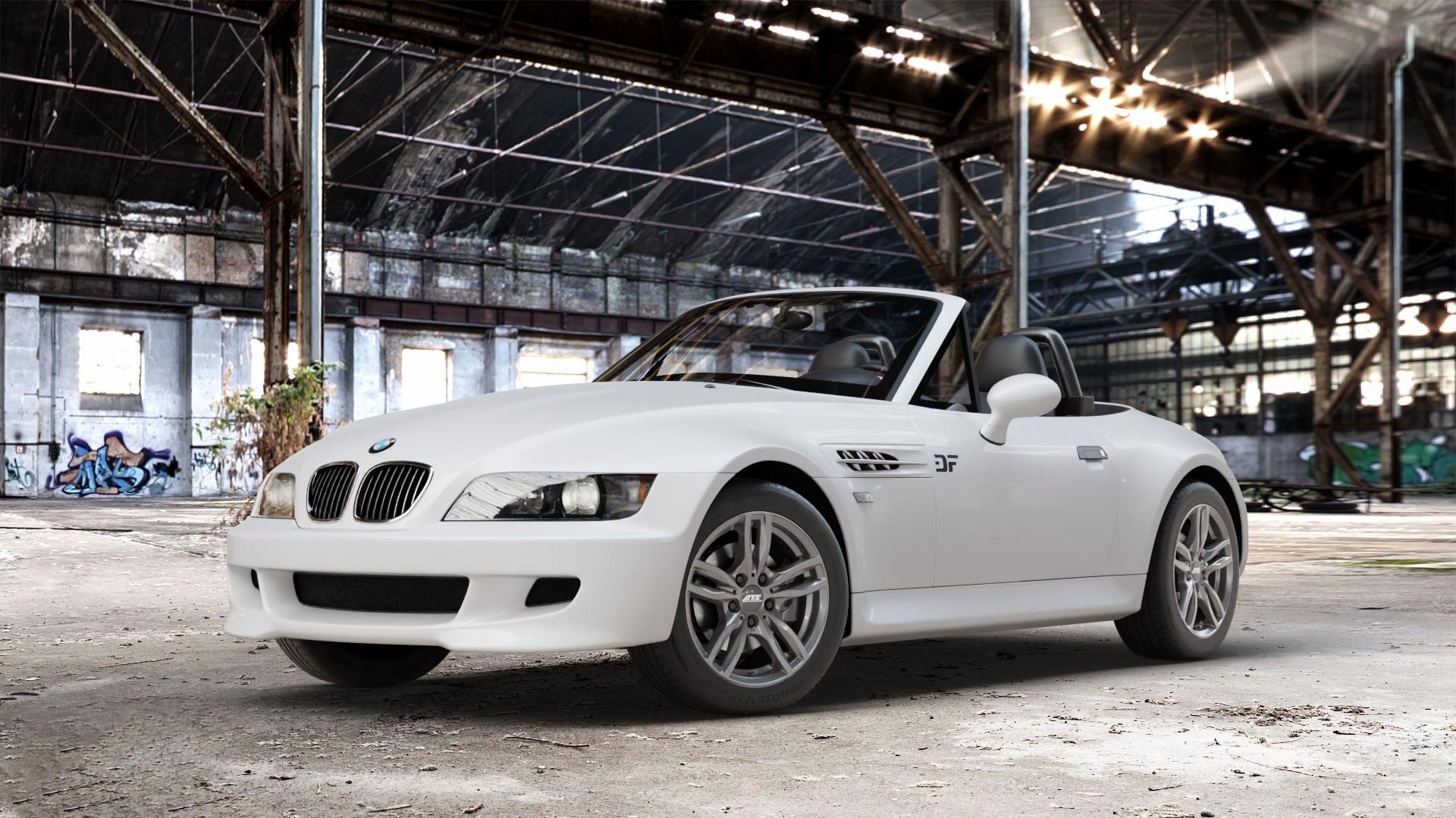 ATS Evolution dark-grey Felge mit Reifen grau in 16Zoll Winterfelge Alufelge auf weissem BMW Z3 Roadster Typ E36/7(S) (R/C) ⬇️ mit 15mm Tieferlegung ⬇️ Old Industrial Hall_max_4400mm_2024 Frontansicht_1