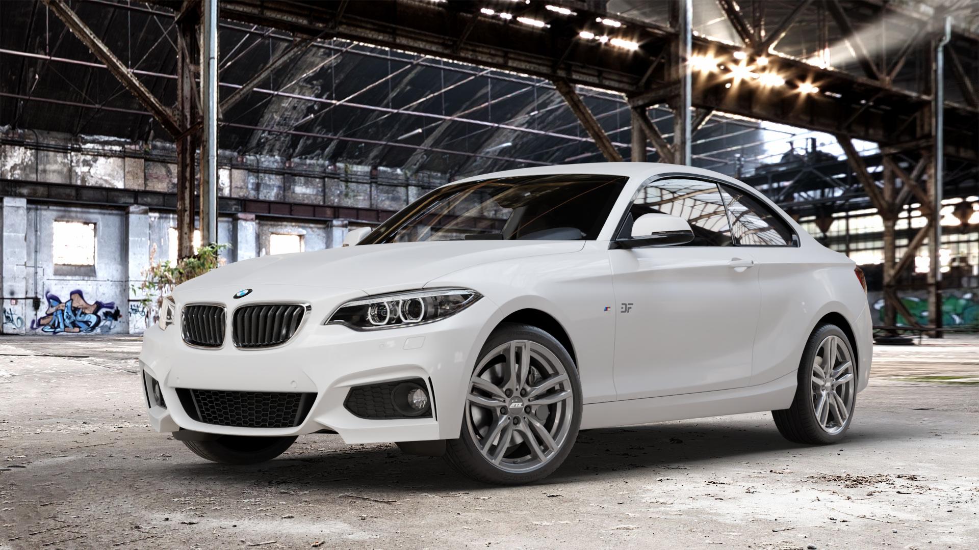 ATS Evolution dark-grey Felge mit Reifen grau in 18Zoll Winterfelge Alufelge auf weissem BMW 2 M235i Typ F22 (Coupe) 3,0l 240kW (326 PS) xDrive M240i 250kW (340 ⬇️ mit 15mm Tieferlegung ⬇️ Old Industrial Hall_max_4400mm_2024 Frontansicht_1